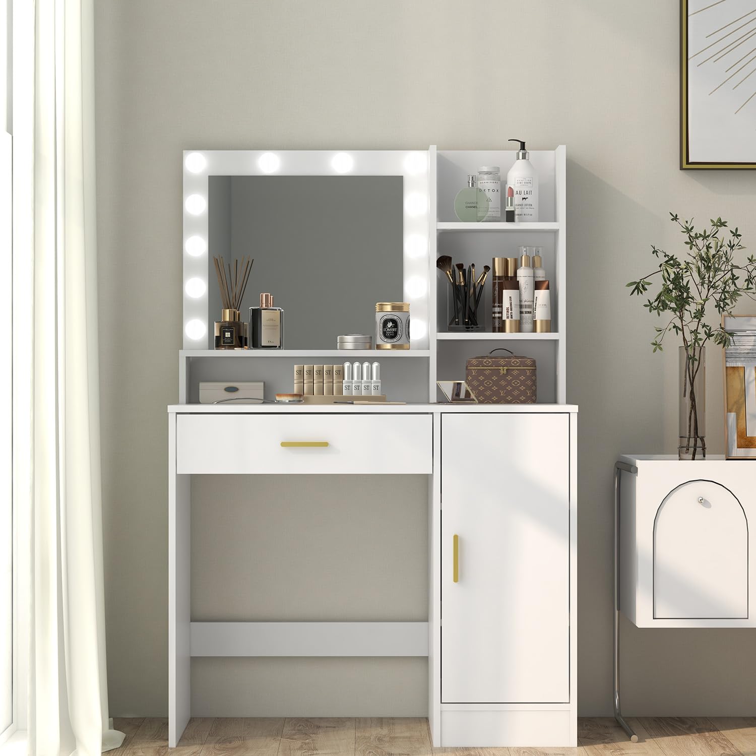 Vanity Desk with Mirror & Lights - Adjustable Brightness, 3 Lighting Modes, 1 Drawer & Cabinet, 4 Shelves - White Makeup Dressing Table Set for Bedroom, Salon & Home Decor