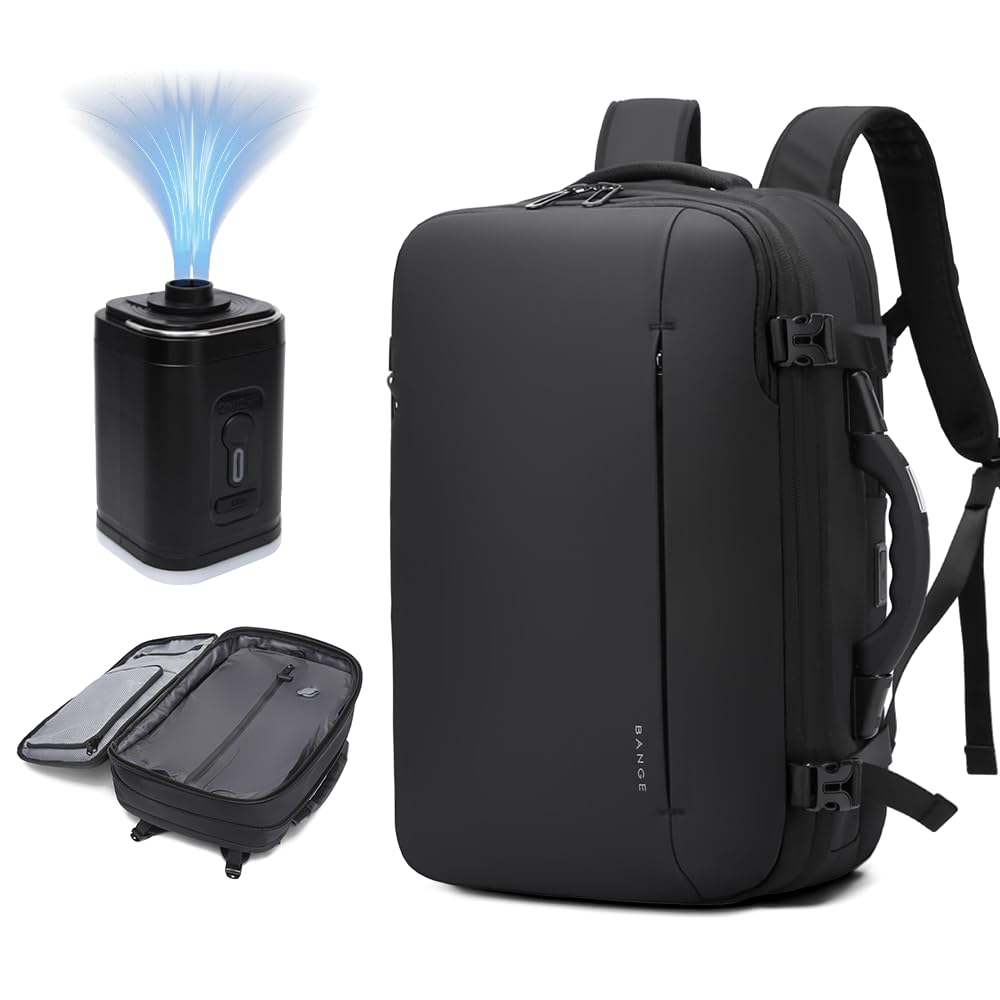BANGE Airback Expandable Travel Backpack with Built-in Electronic Scale & Vacuum Compression Pump - Lightweight Carry-On Backpack for Airplanes, Business Trips & Outdoor Adventures