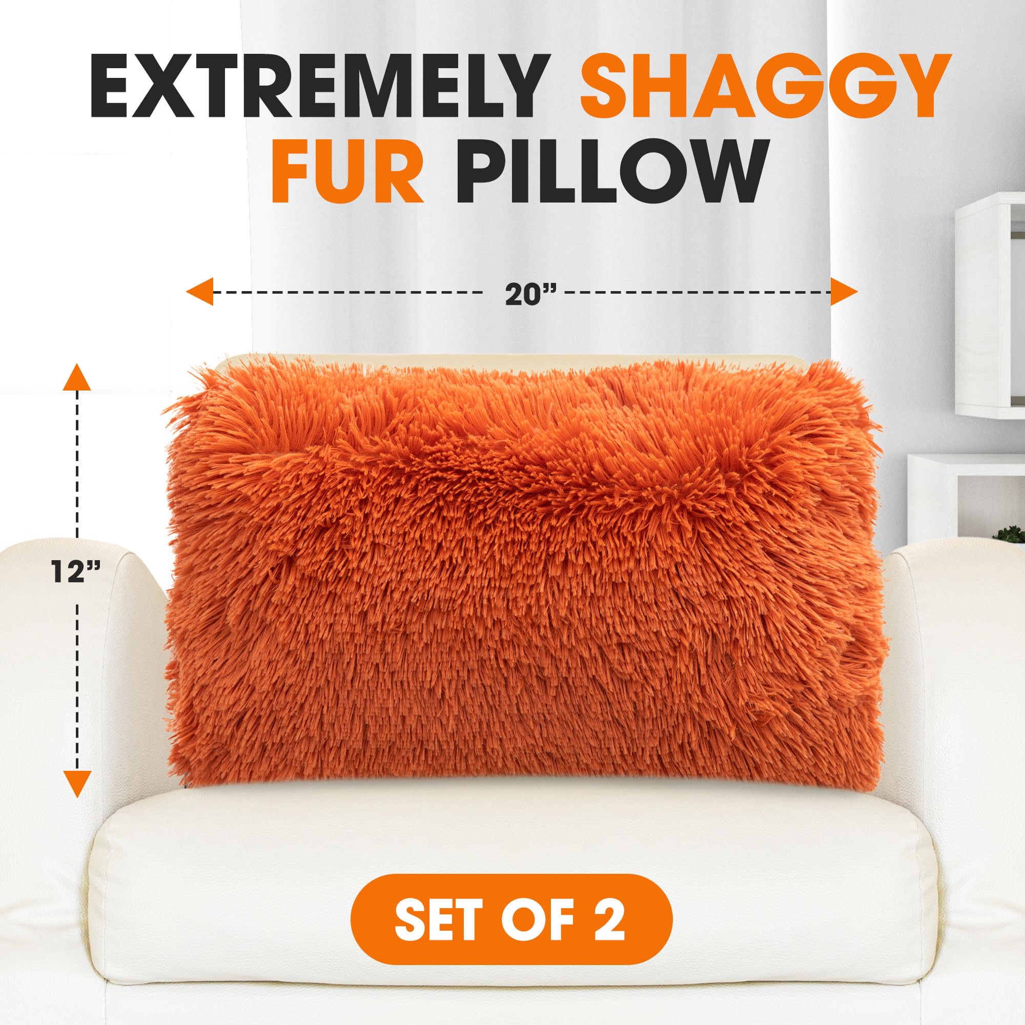 Soft Shaggy Throw Pillows Set of 2 (12x20 Inches) - Rust Orange Faux Fur Couch & Bed Pillows with Inserts Included - Cozy Long Hair Decorative Pillows for Living Room, Bedroom & Home Decor