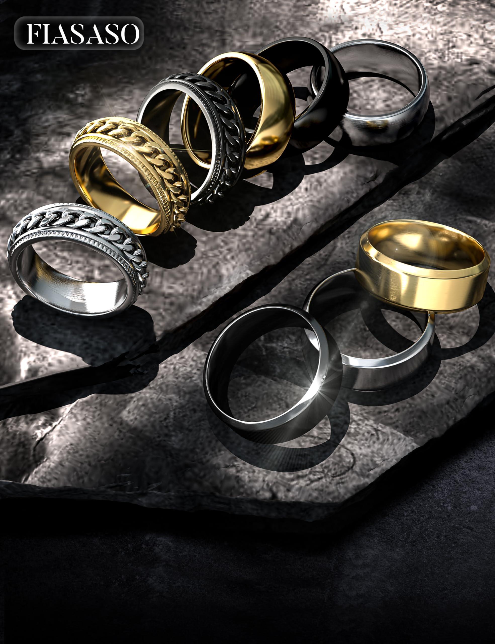 FIASASO 9Pcs Men's Wedding Band Rings Set - Stainless Steel 8MM Width Engagement Rings for Him in Silver, Black & Gold (Sizes 6-14) - Perfect for Weddings, Anniversaries & Proposals