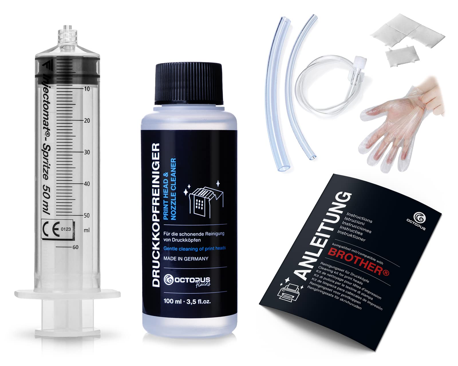 Octopus Nozzle Cleaner - Printhead Cleaner for Brother Printers with Hose Adapters (100ML) | Printer Maintenance Solution for Home & Office Use