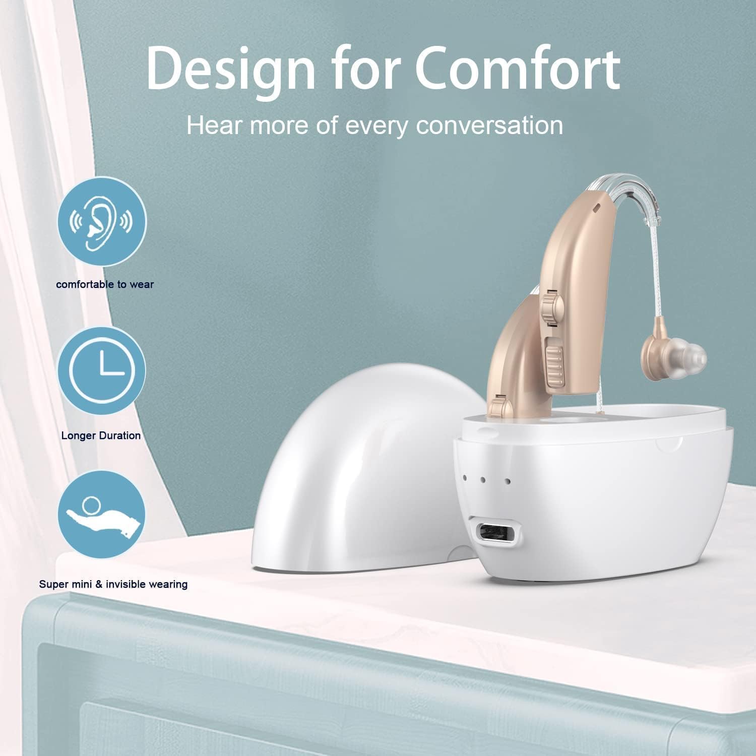 Rechargeable Hearing Aids for Seniors with Severe Hearing Loss - Digital Noise Cancelling Amplifier with Portable Charging Case & Volume Control - Beige - Ideal for TV Watching, Conversations & Outdoor Activities