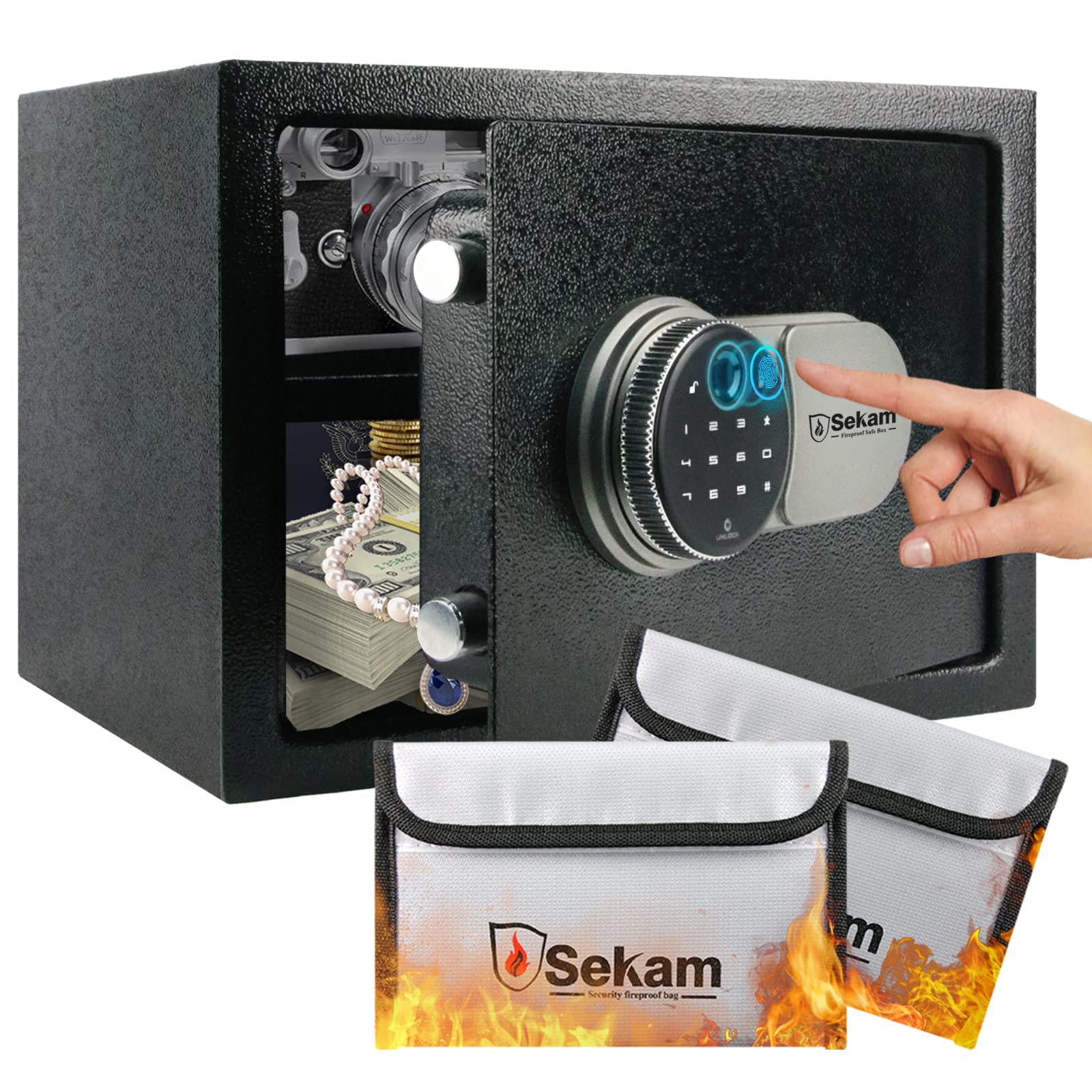 Premium Biometric Fingerprint Safe Box with Digital Keypad - 0.85 CF Fireproof & Waterproof Security Safe for Home, Office, Jewelry & Cash Storage - SEKAM Deluxe Safe with Passcode & Fingerprint Access