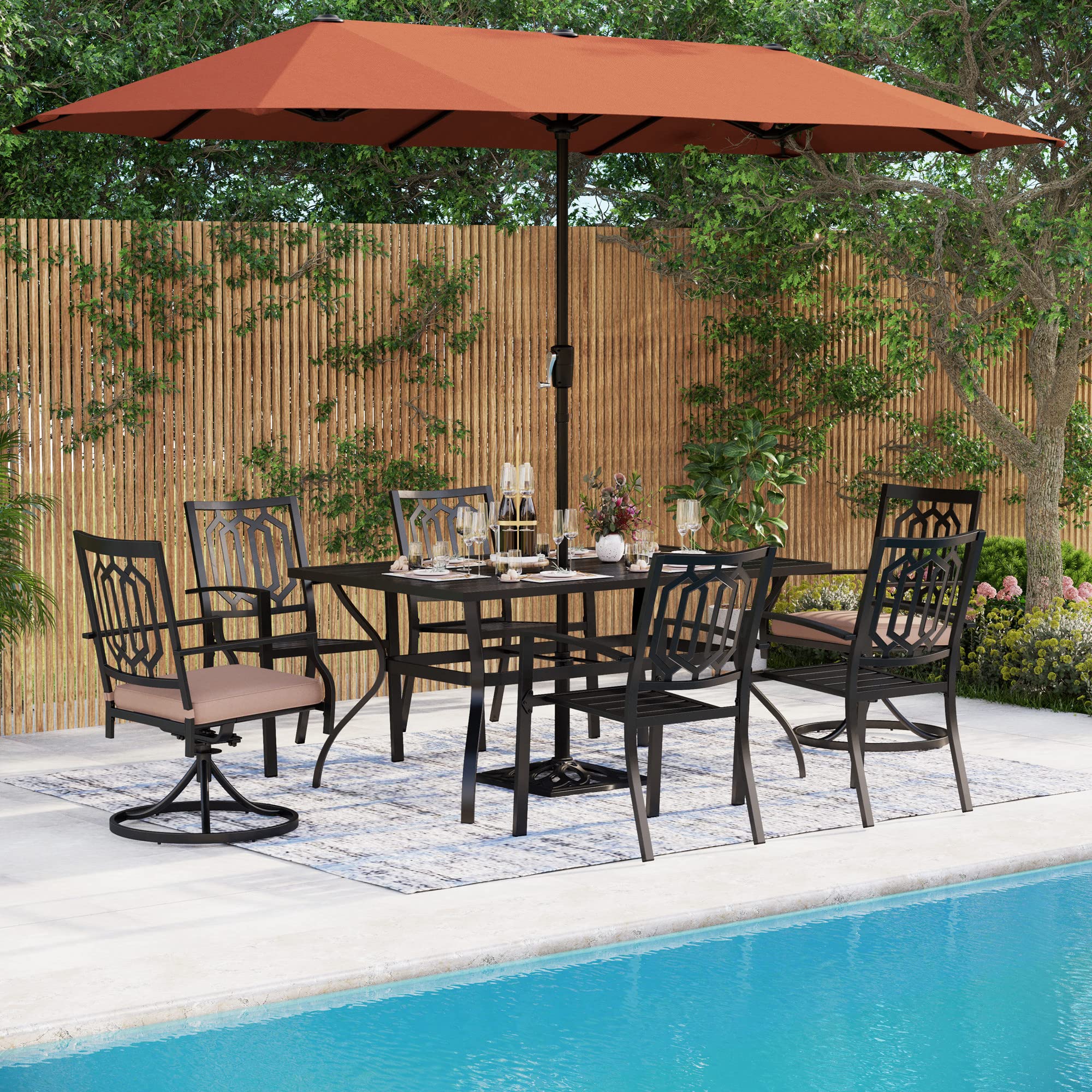 MFSTUDIO 8-Piece Outdoor Patio Dining Set with 4 Stackable Chairs, 2 Swivel Chairs, Steel Frame Table & 13ft Umbrella (Orange Red) - Perfect for Backyard BBQs, Poolside Gatherings & Garden Parties (Base Not Included)