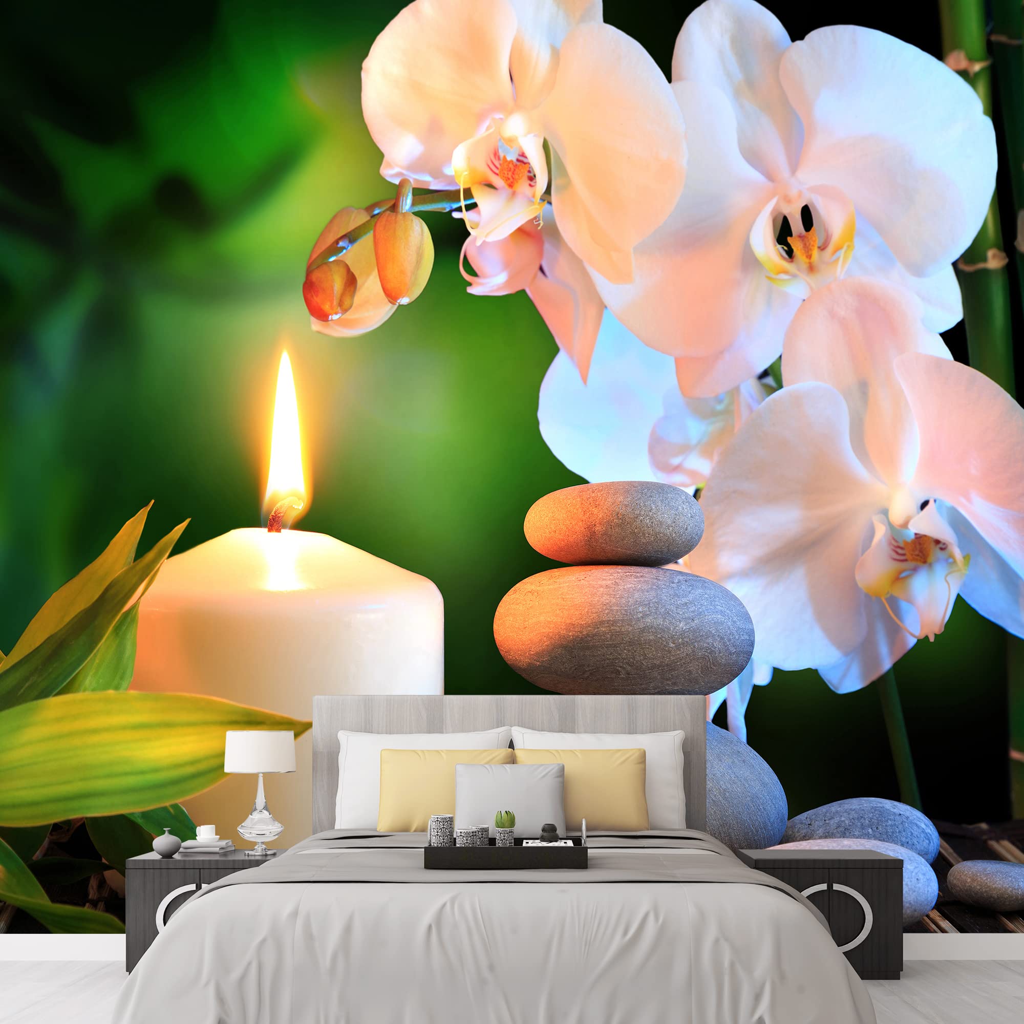 Wall26 Removable Wall Sticker - Zen Yoga Massage Stones, Candles & Bamboo Nature Wilderness Photography Mural | Realistic Landscape Decor for Living Room, Bedroom, Office | 66x96 inches | Perfect for Meditation Spaces & Spa-Themed Rooms
