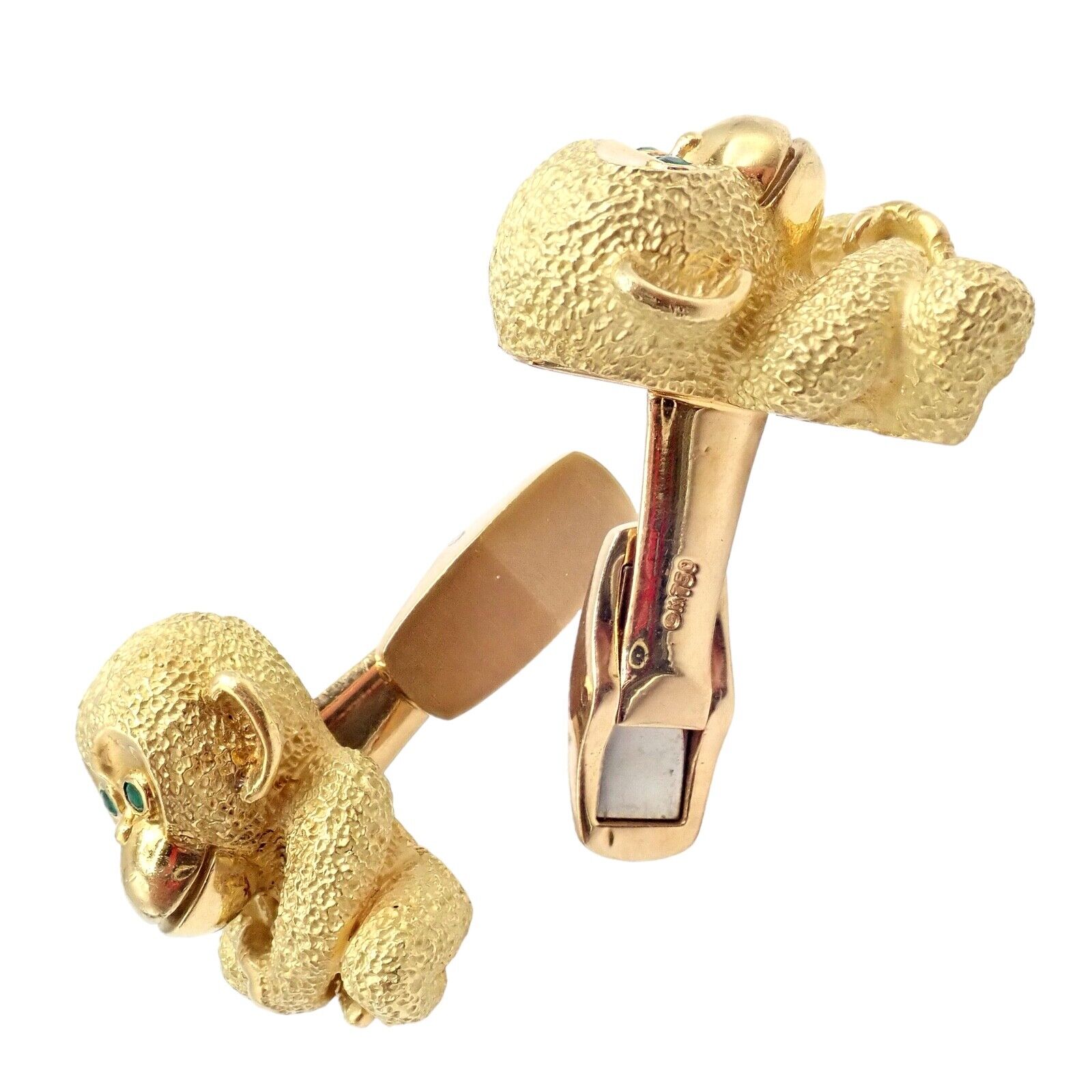 Authentic 18k Yellow Gold Emerald Whimsical Monkey Cufflinks by Kurt Wayne - Perfect for Weddings, Formal Events & Gift Giving
