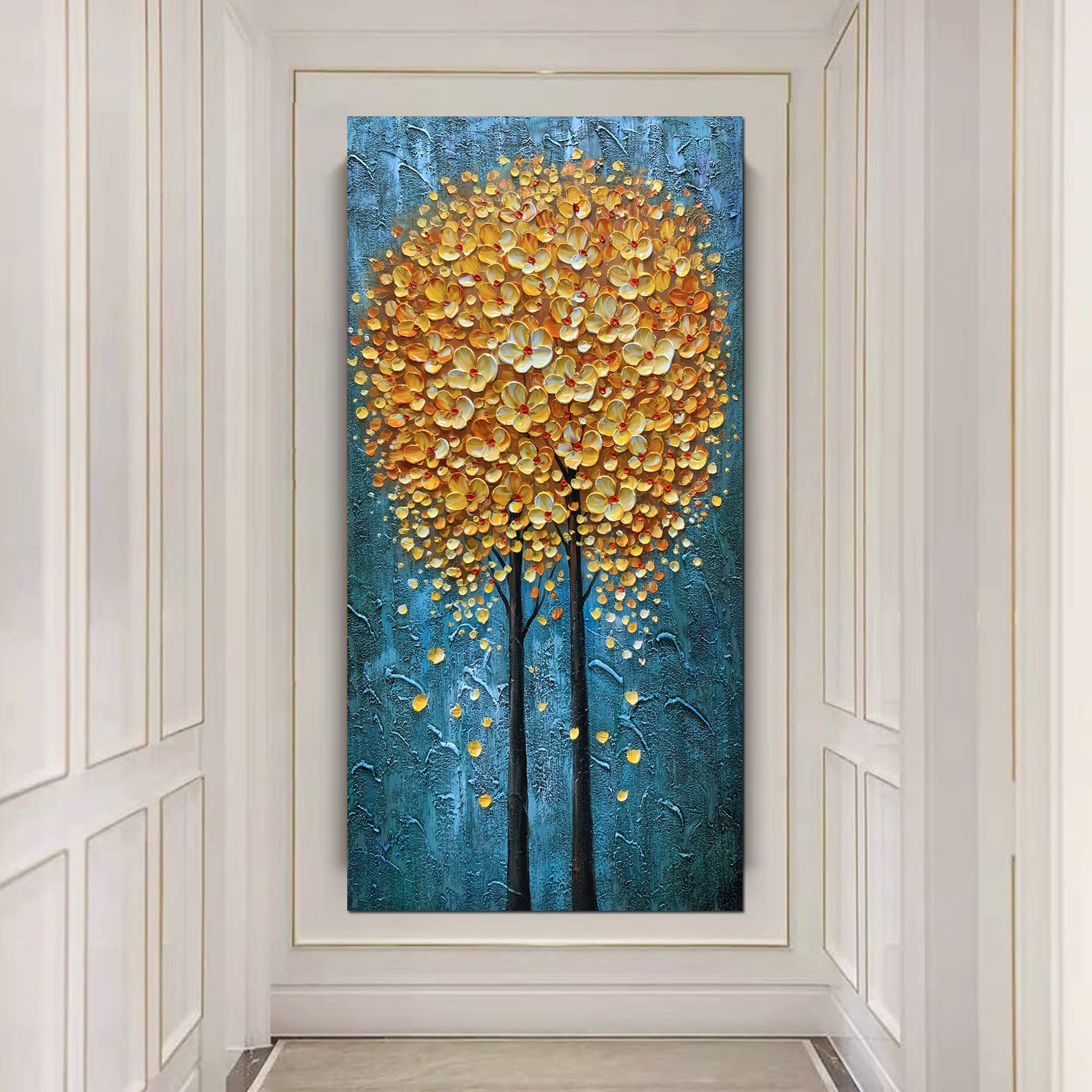 Yotree 24x48 Inch Yellow Flowers Oil Painting - Hand-Painted 3D Abstract Art on Canvas with Wood Frame, Wall Decor for Living Room, Bedroom & Office
