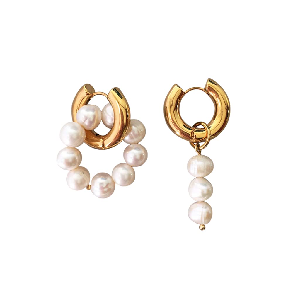 14K Gold Plated Pearl Drop Earrings for Women - Elegant Asymmetrical Dangle Hoop Earrings, Minimalist Pearl Jewelry Gift for Her | Perfect for Weddings, Parties & Special Occasions