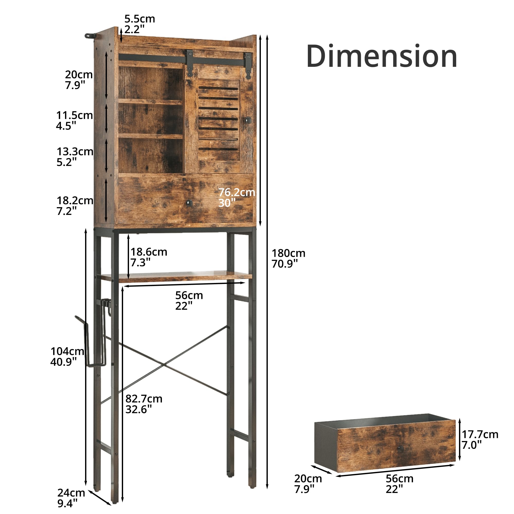 Vintage Brown Over The Toilet Storage Rack with Cabinet & 6-Tier Shelves - Adjustable Bathroom Organizer with Sliding Door, Paper Hook - Space Saving Solution for Small Bathrooms, Apartments & Dorm Rooms