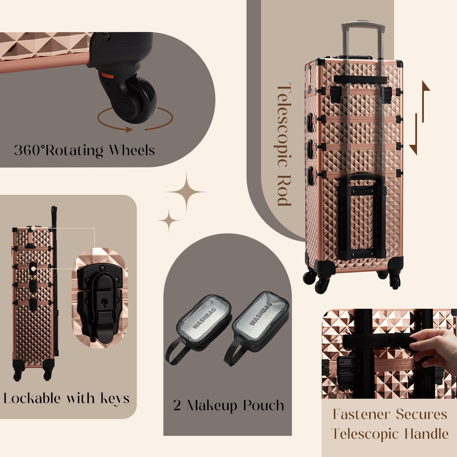 Professional Rolling Makeup Train Case - Large Capacity Cosmetic Organizer with 4-in-1 Storage, Swivel Wheels & Detachable Brush Waist Bag - Perfect for Salon Professionals, Mobile Makeup Artists & Traveling Cosmetologists - Ideal for Makeup Storage, Beauty School, Bridal Services & On-the-Go Stylists