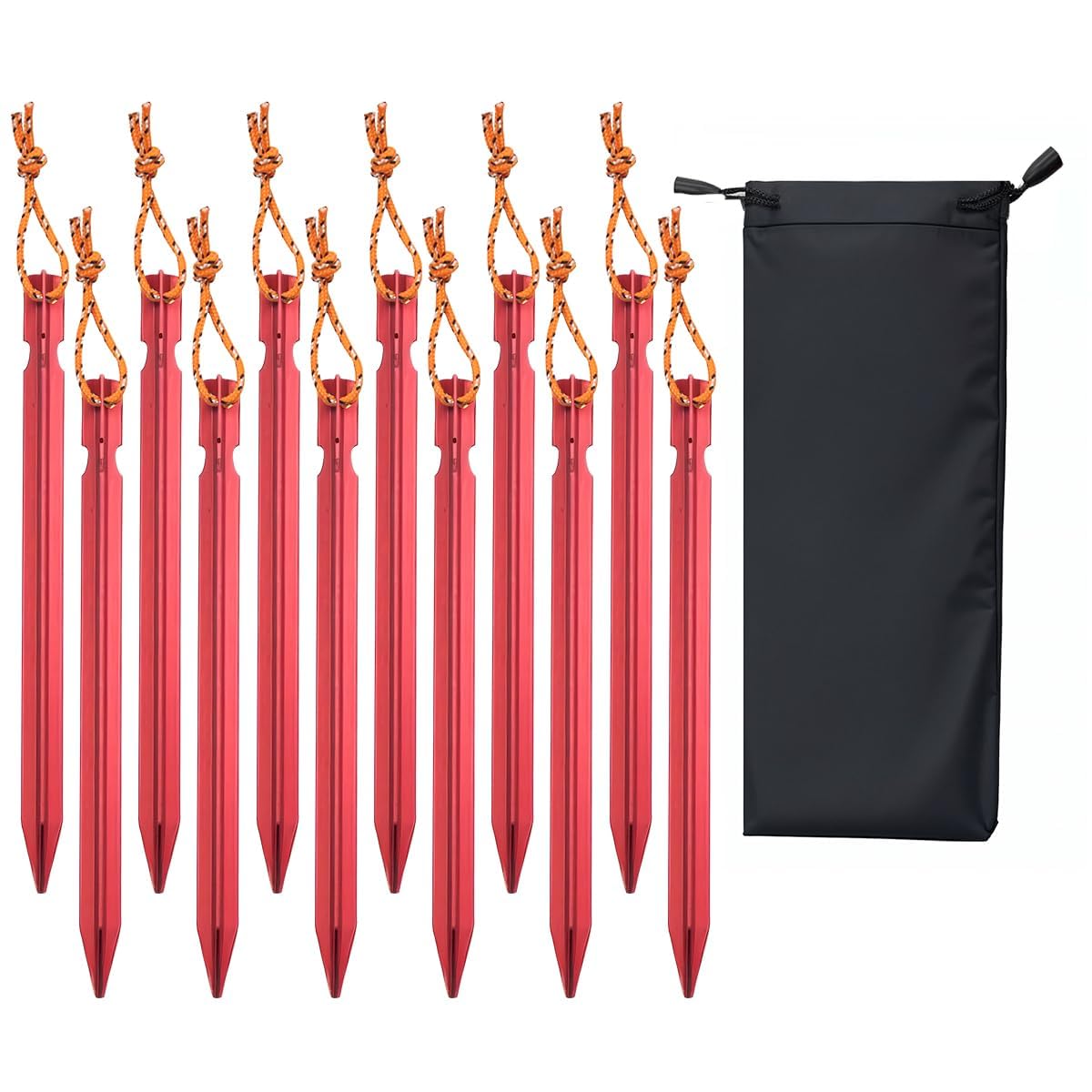 12 Pack 7-inch Ultralight Aluminum Tent Stakes with Reflective Pull Ropes - Tri-Beam Design for Secure Anchoring - Includes Convenient Carrying Bag - Perfect for Camping, Backpacking, Hiking, Hammocks & Canopy (Red) - Ideal for Outdoor Adventures, Beach Trips & Backyard Setups