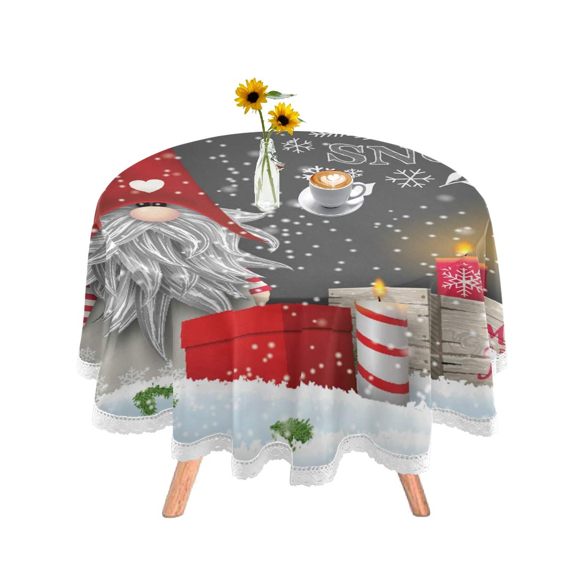 DOMIKING 60 Inch Round Tablecloth - Christmas Dwarf Candles Design, Washable Polyester Table Cover for Holiday Dinners, Parties & Festive Decor | Perfect for Dining Tables, Buffet Settings & Seasonal Celebrations
