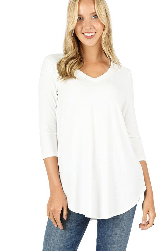 3/4 Sleeve V Neck Scoop Front & Back Women's T-Shirt - Perfect for Casual Wear, Layering & Everyday Outfits