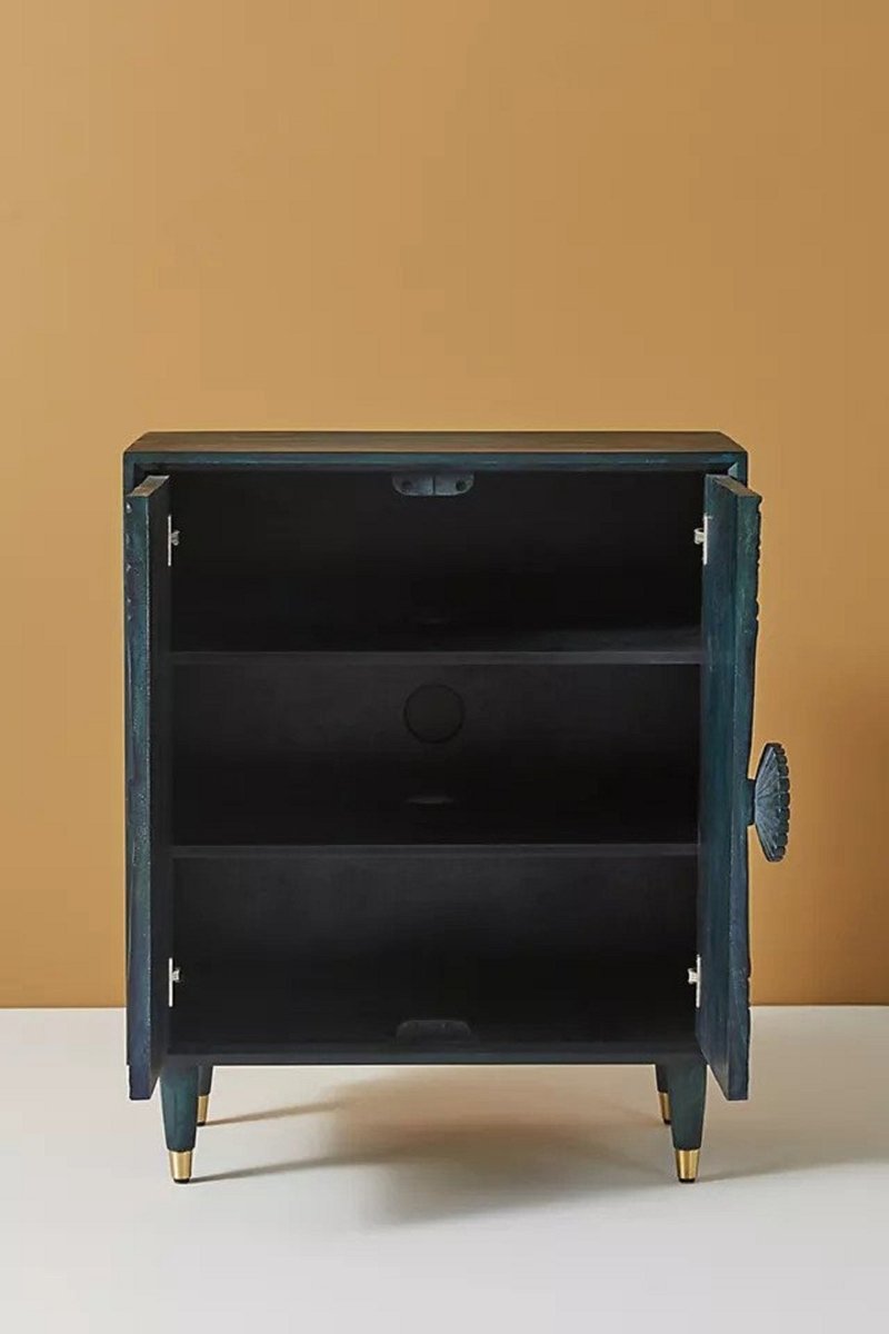 Hand Carved Gulliver Entryway Cabinet - Indigo Blue Solid Wood Storage Furniture for Hallway, Living Room & Bedroom Organization