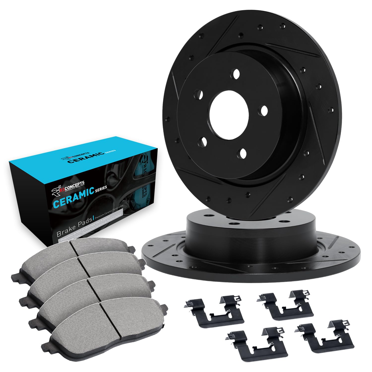 R1 Concepts Rear Brake Pads and Rotors Kit - Ceramic Brake Pads, Drilled & Slotted Rotors, Hardware Included (1BC.52008.42) | Perfect for Trucks, SUVs & Performance Vehicles | Improved Stopping Power & Heat Dissipation