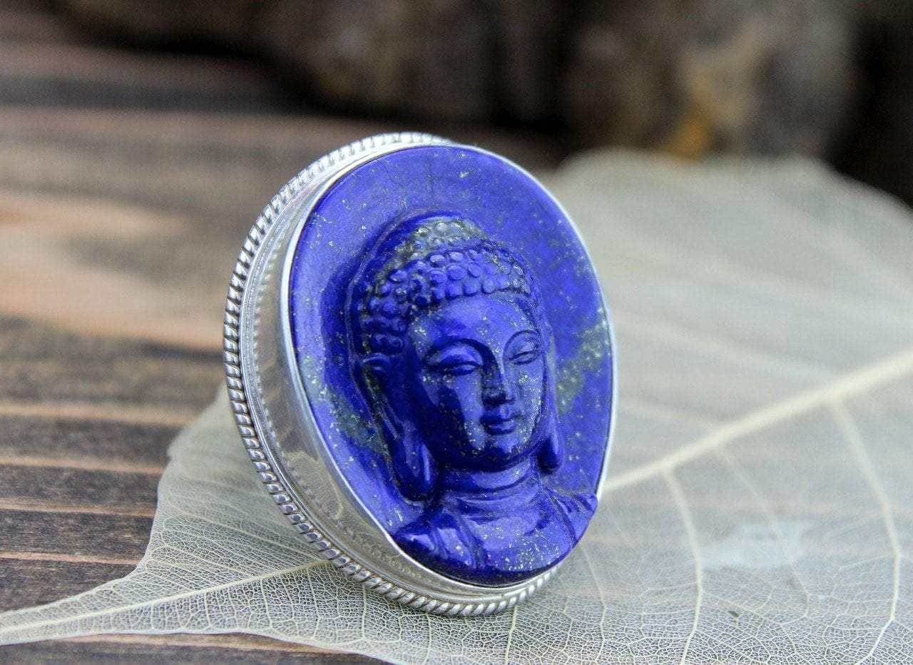 Hand Carved Lapis Lazuli Buddha Ring - Size 9.5 - Spiritual Jewelry for Meditation & Yoga - Unique Buddhist Gift for Men & Women