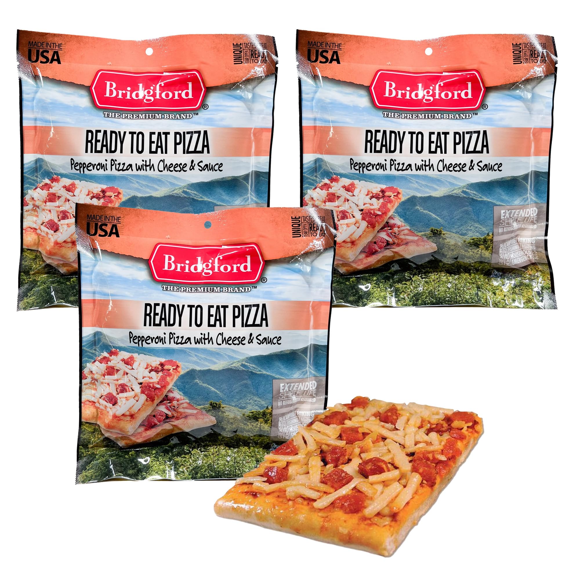 Bridgford Pepperoni Pizza Slice With Cheese - 3 Pack Shelf-Stable Survival Food | High-Protein Emergency Meals for Camping, Hiking & Disaster Preparedness | No Refrigeration Needed | Long Shelf Life