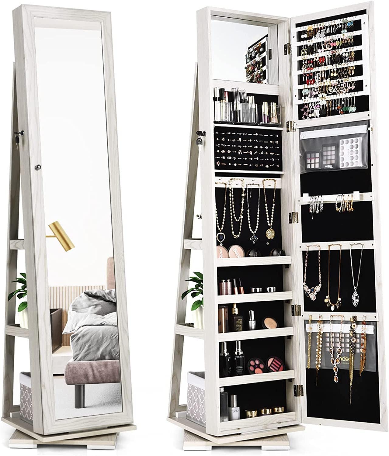 360° Rotating Jewelry Cabinet with Lock - Standing Jewelry Organizer with Full Length Mirror & Storage Shelves | Large Capacity Jewelry Armoire for Bedroom | Perfect for Closet Organization & Dressing Room Decor