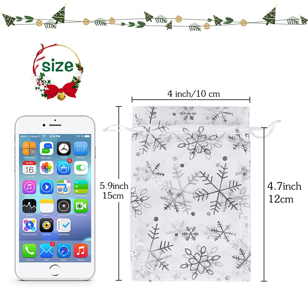 YQL 4x6 Inch Snowflake Organza Bags - 100PCS White Gift Pouches for Christmas, Jewelry & Weddings