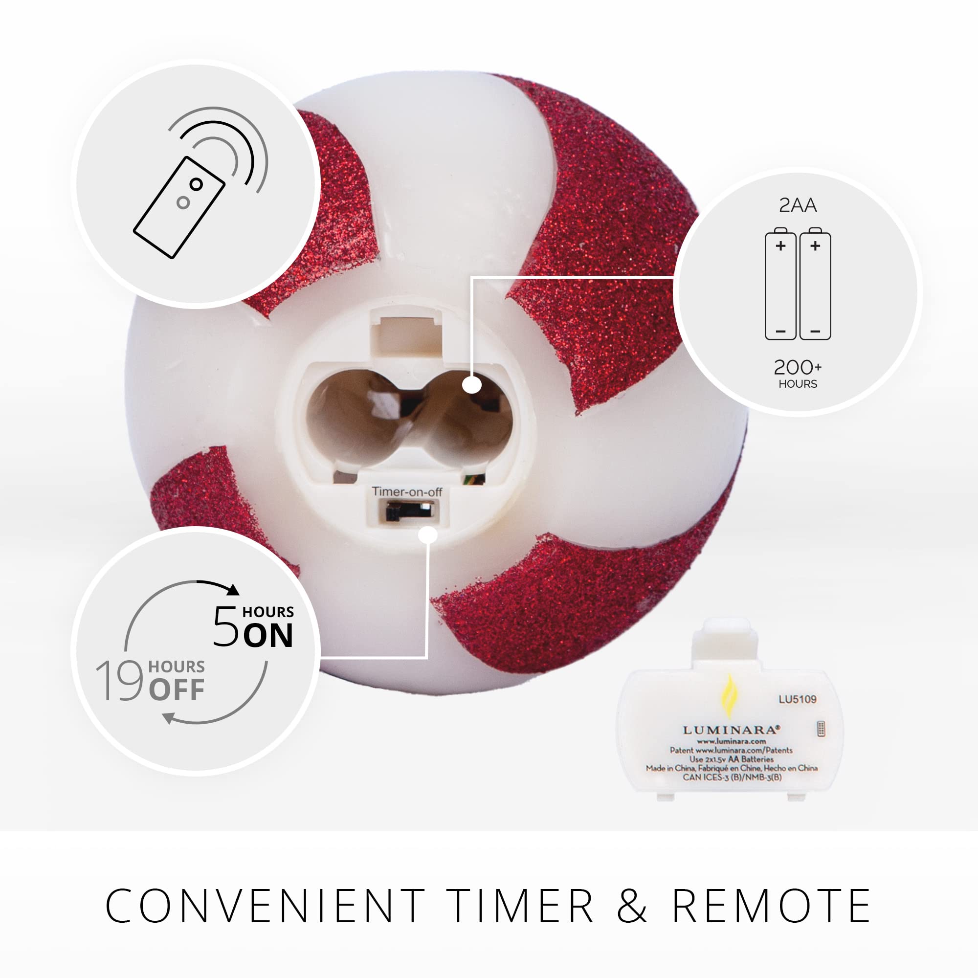 Luminara Flameless LED Holiday Crystal Beads Glitter Sphere Candle - Candy Cane Red - Pack of 1 (4x4.25 inches) - Auto Timer with 5-Hour Function - Safe Indoor Decoration for Christmas, Parties, Weddings & Home Décor