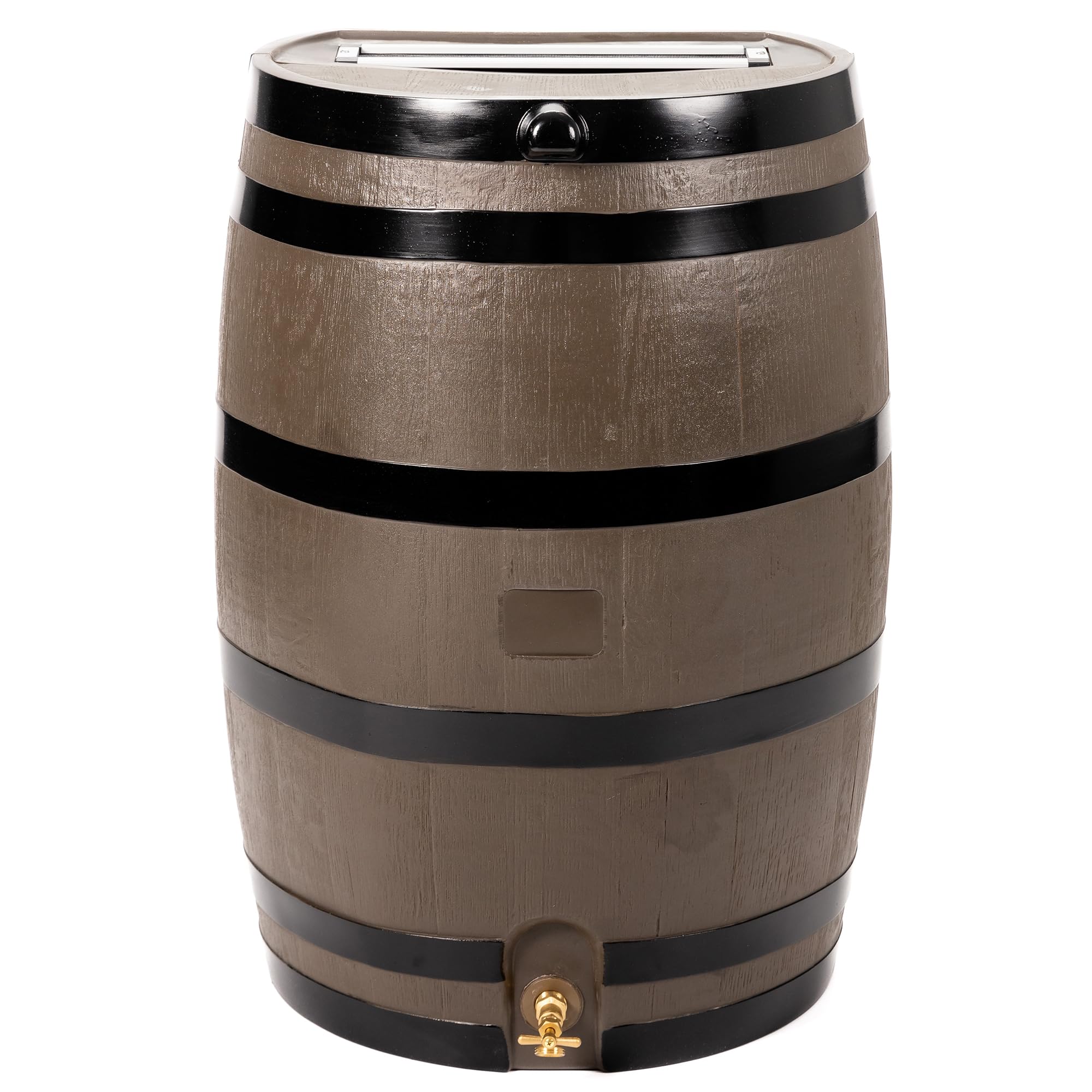 50-Gallon Rain Barrel with Flat Back Design - Woodgrain & Black Stripes Water Collection System for Garden, Lawn & Outdoor Use - Eco-Friendly Rainwater Harvesting Solution