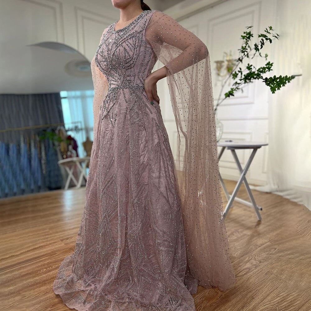 Serene Hill Muslim Blue A-Line Cape Sleeves Beaded Luxury Dubai Long Evening Dress Gown 2025 for Women - Elegant Wedding, Party & Special Occasion Wear