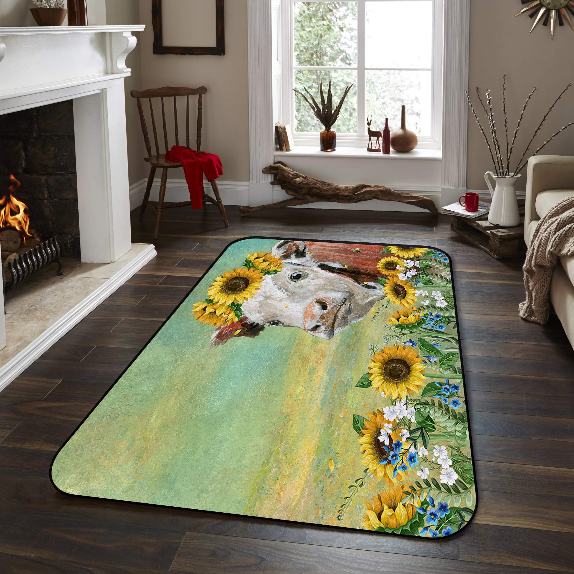 LooPoP Cow Sunflowers Non-Skid Washable Area Rug 4'x6' - Soft Farmhouse Decor for Bedroom, Nursery, Living Room & Kids Play Area - Perfect for Cozy Home, Baby Room & Farmhouse Style Interior