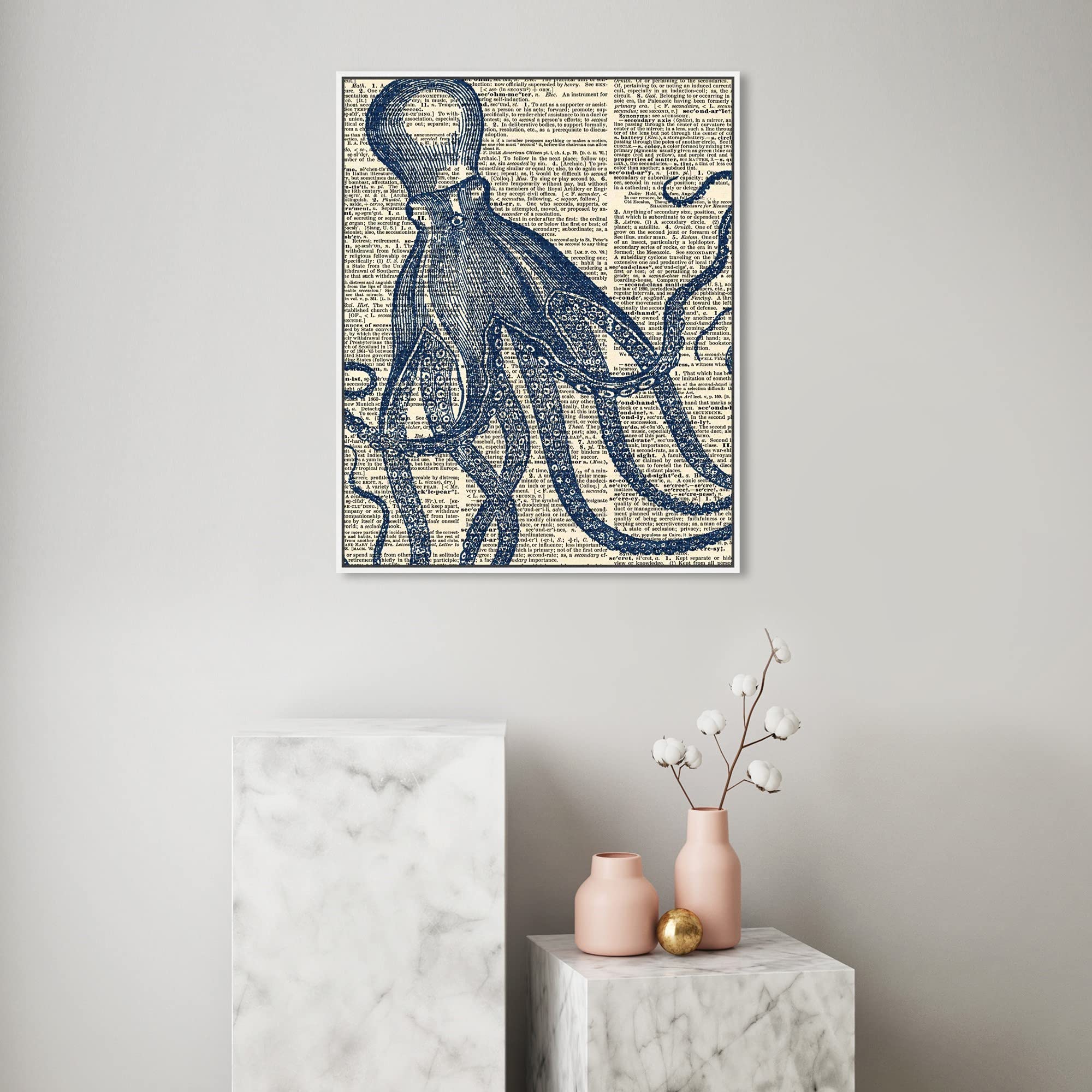 Oliver Gal Artist Co. Nautical Coastal Wall Art Canvas Print - Marine Life Octopus Dictionary Home Decor - 24x30 Inches White Floating Frame - Perfect for Beach House, Living Room & Office Decor