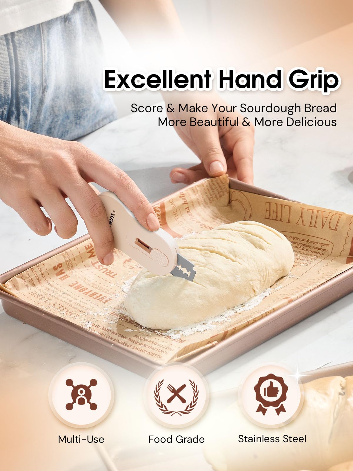 Premium Sourdough Bread Lame Kit - Stainless Steel Dough Scoring Tool with 5 Razor Blades & Magnetic Handle - Includes Scoring Patterns Booklet for Artisan Bread Baking - Perfect for Home Bakers & Professional Bakeries (Cream)