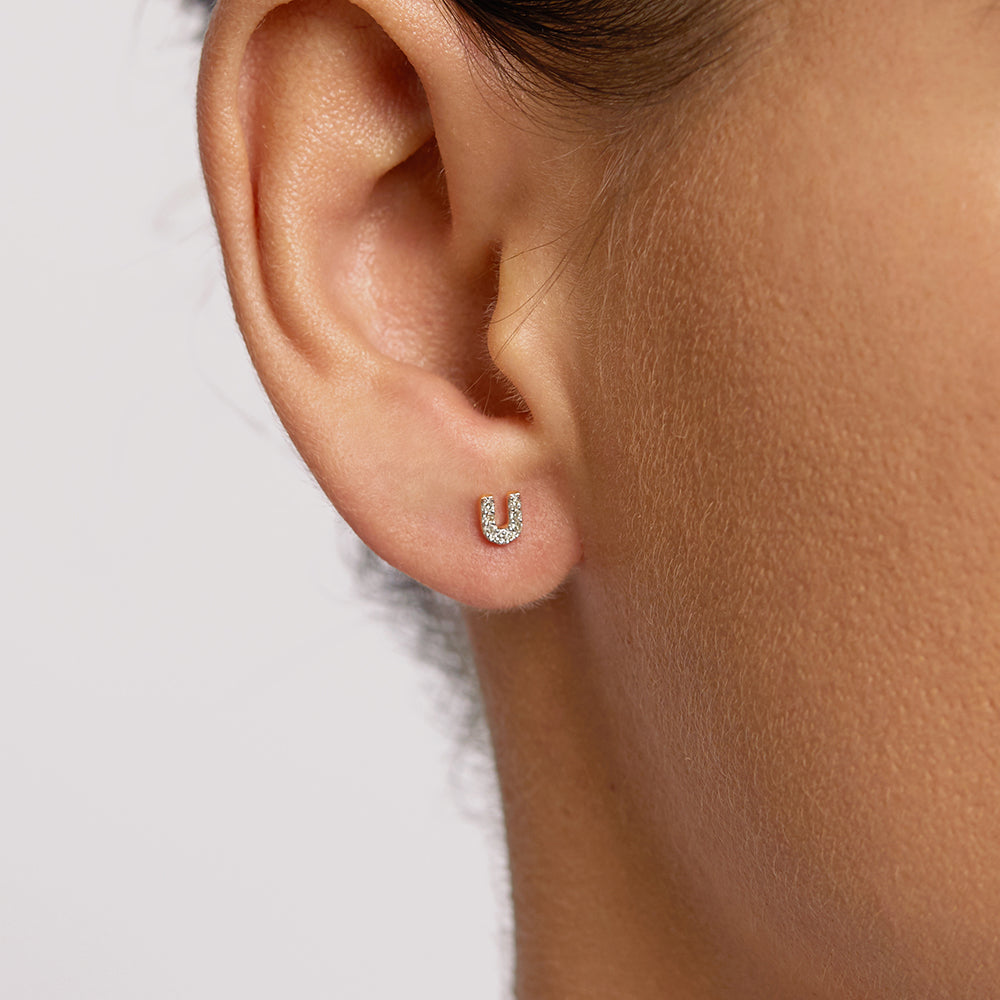 Diamond Letter U Single Stud Earring in Sterling Silver - Perfect for Birthdays, Anniversaries & Personalized Gifts