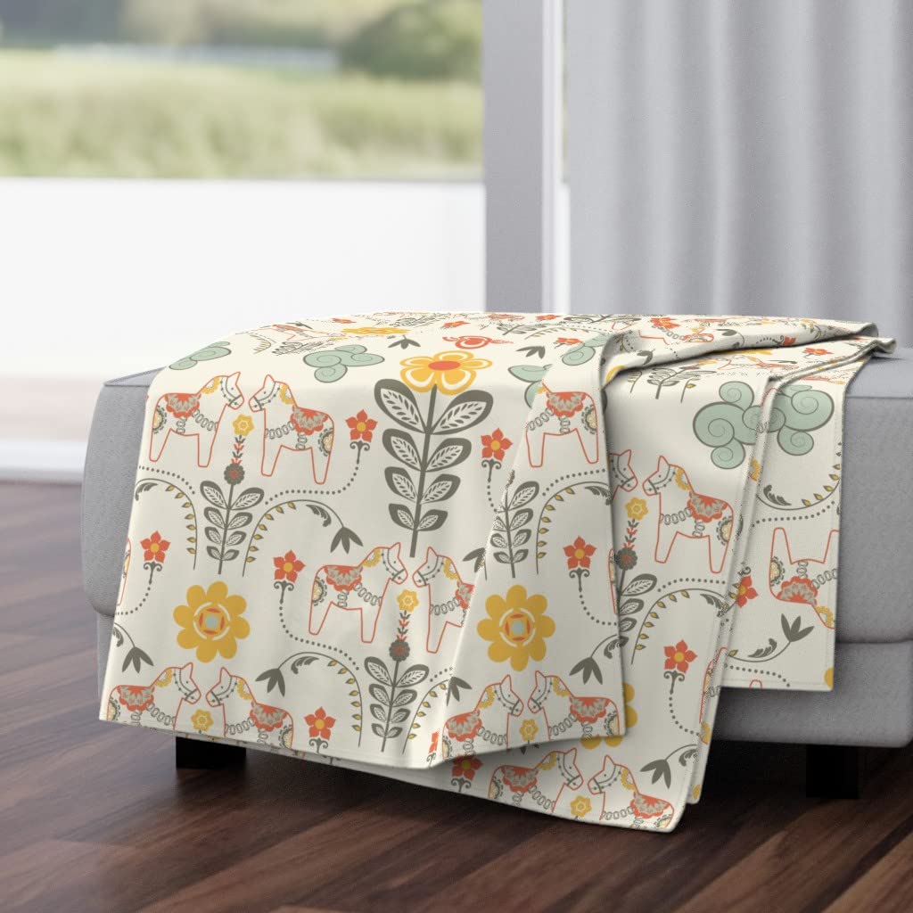Luxe Velvet Throw Blanket 50x70 Inches - Swedish Dala Horse Pastel Floral Folk Art Scandi Style Baby Blanket | Soft Cozy Couch Bedroom Decor Gift