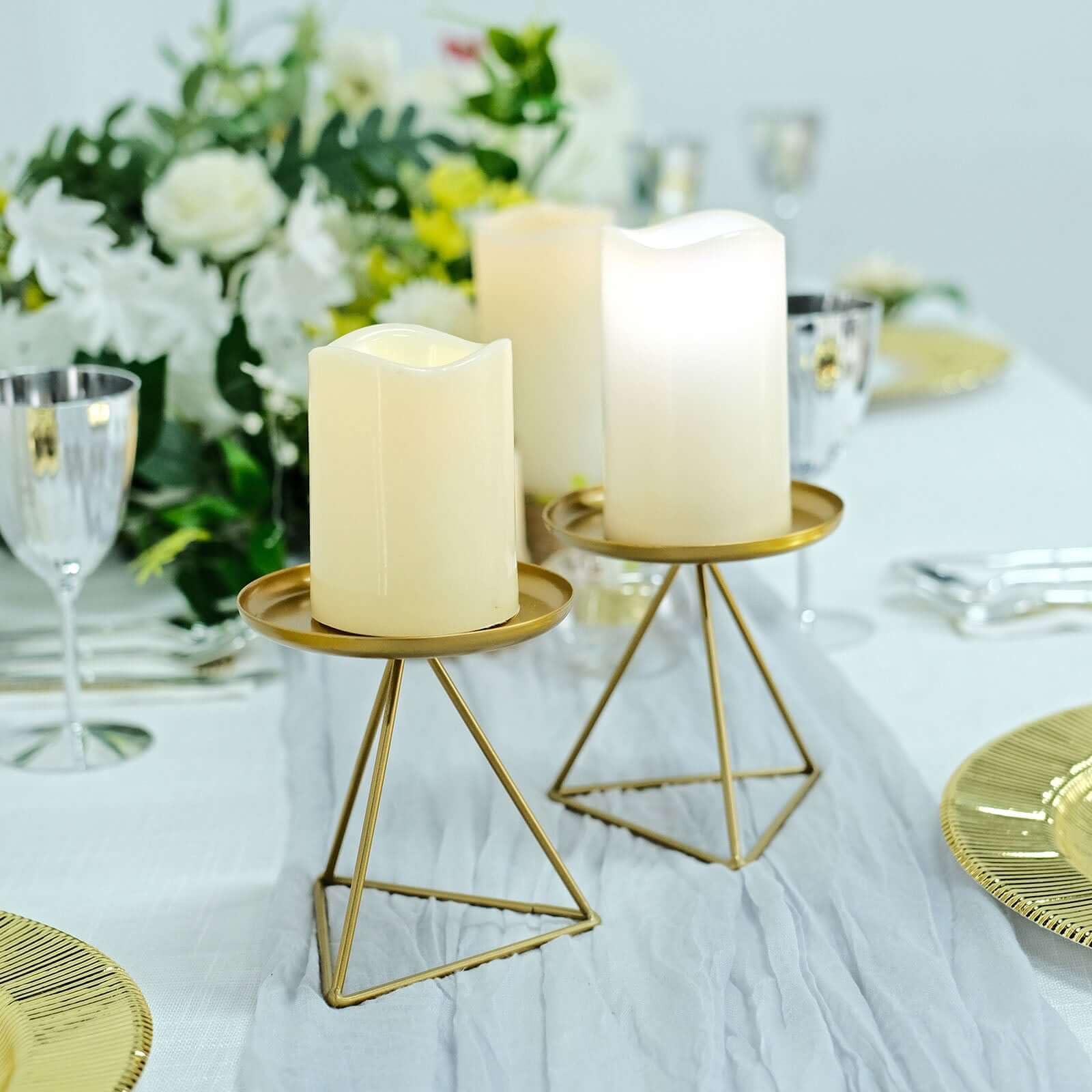 Efavormart 2 Pack 5 Inch Gold Metal Triangle Base Pillar Candle Holders - Geometric Candle Stands for Wedding Centerpieces, Table Decor, and Home Decoration