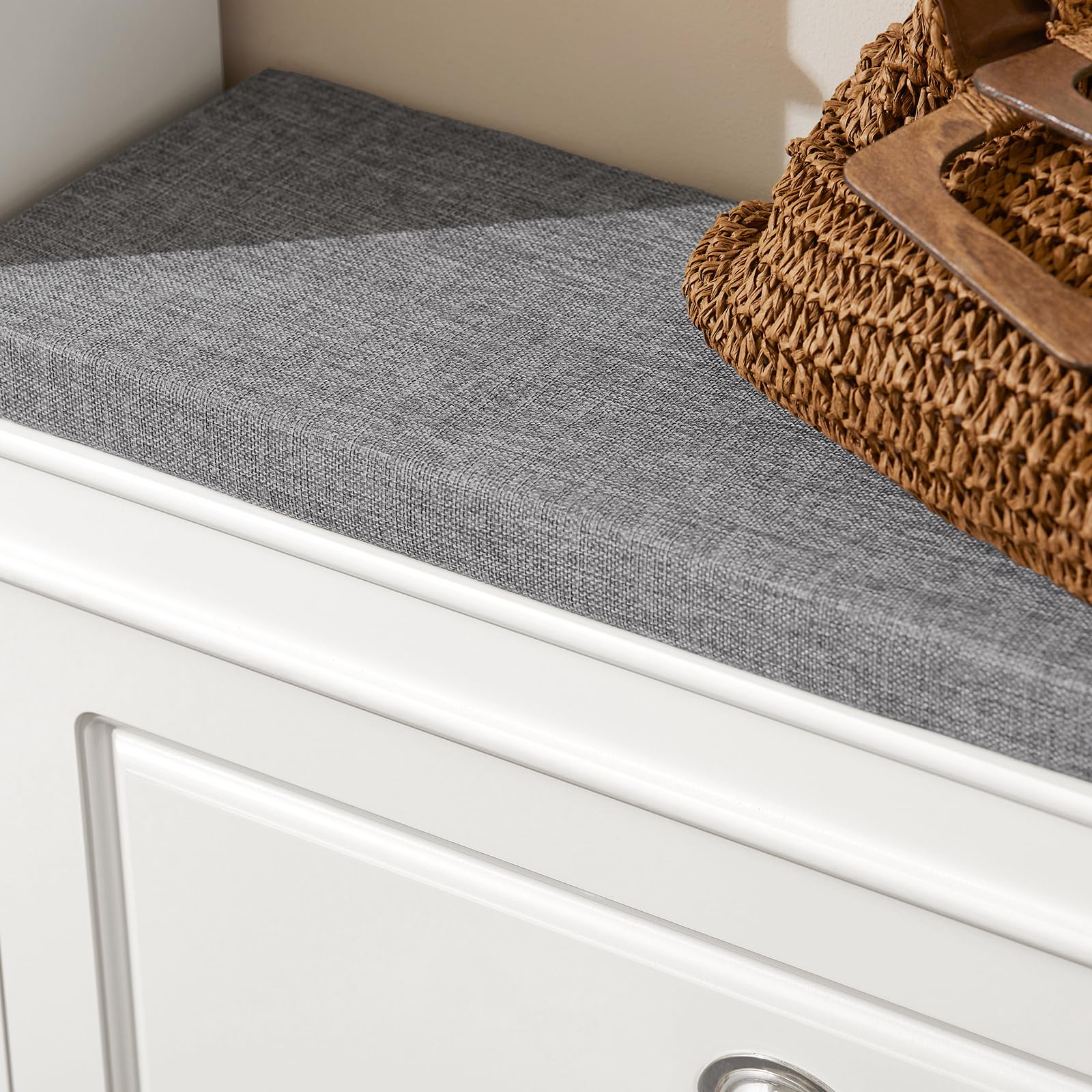 White Narrow Shoe Storage Bench with Cushion - 2-Tier Flip-Drawer Entryway Shoe Cabinet for Hallway, Closet & Mudroom Organization (FSR82-L-W) - Perfect for Small Spaces & Home Entry Organization