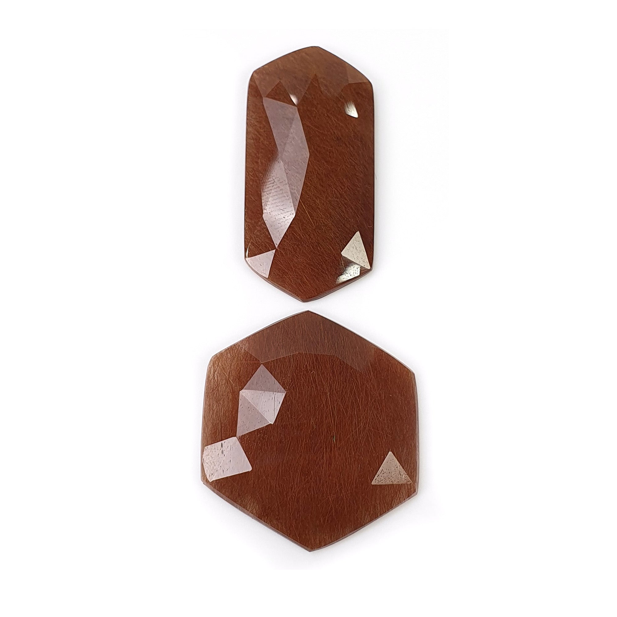Natural Brown Rutile Quartz Gemstone - 37.80cts Untreated Hexagon Rose Cut (32x15mm & 24mm 2pcs) for Jewelry Making, Healing Crystals & Mineral Collection - Includes Video