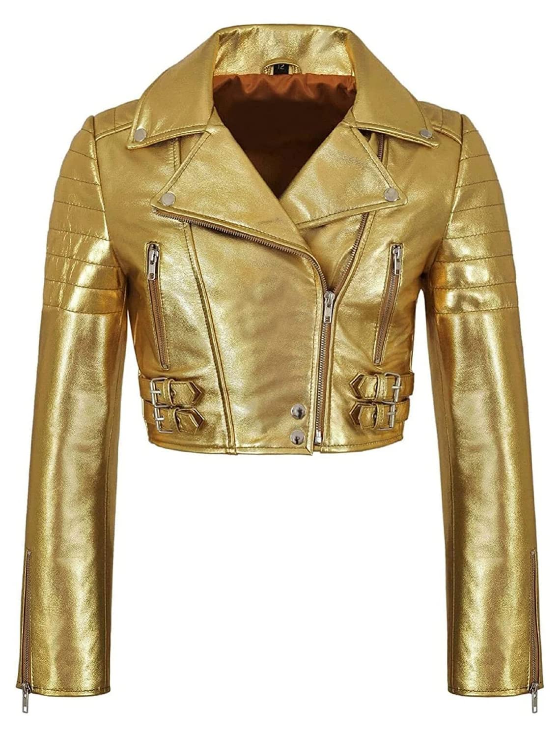 Genuine Leather Jacket for Women - Slim Fit Short Biker Jacket, Party & Pub Outwear, Bright Gold Color, XXX-Large | Perfect for Nightlife, Date Nights & Casual Street Style