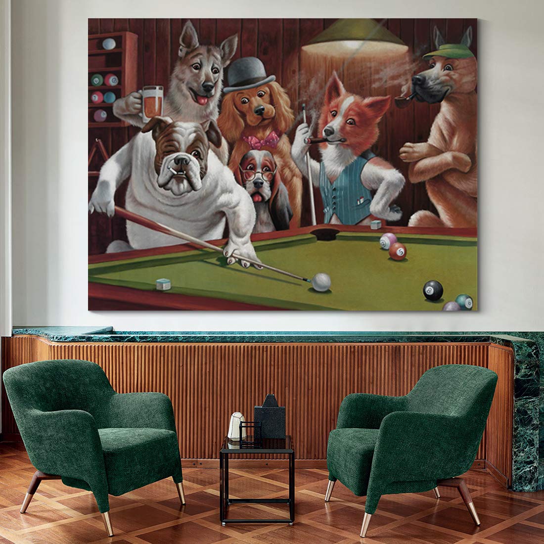 Denozer Dogs Playing Billiards Canvas Wall Art - Premium Giclee Print Gallery Wrapped Modern Home Decor - 48x32 Inches Ready to Hang - Perfect for Living Room, Office & Game Room Decor