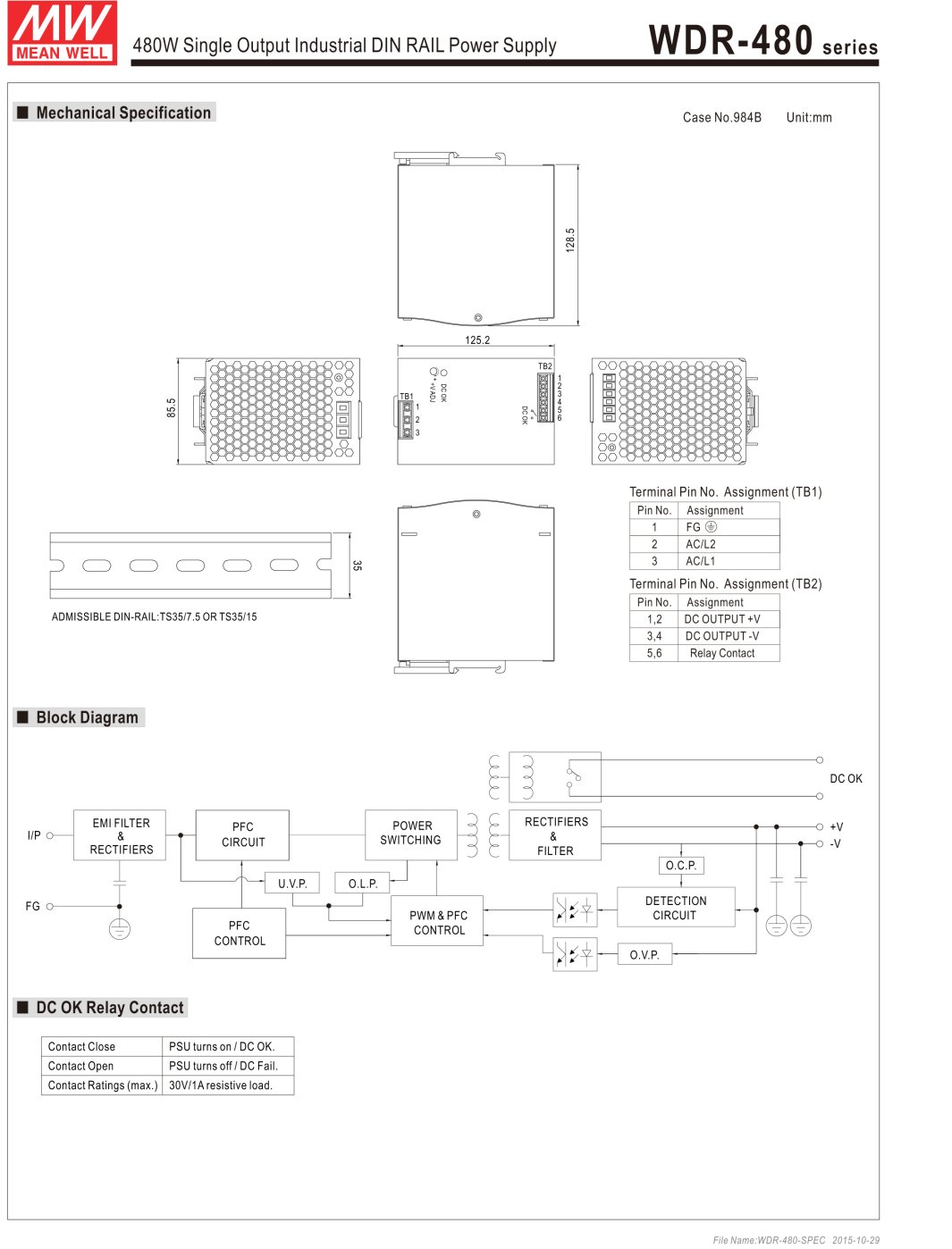 Meanwell WDR-480-24 480W 24V 20A Industrial DIN Rail Power Supply 380V AC Input - Reliable for Factory Automation, Control Panels & LED Lighting (1-Pack with DHL Shipping + Free Gift)