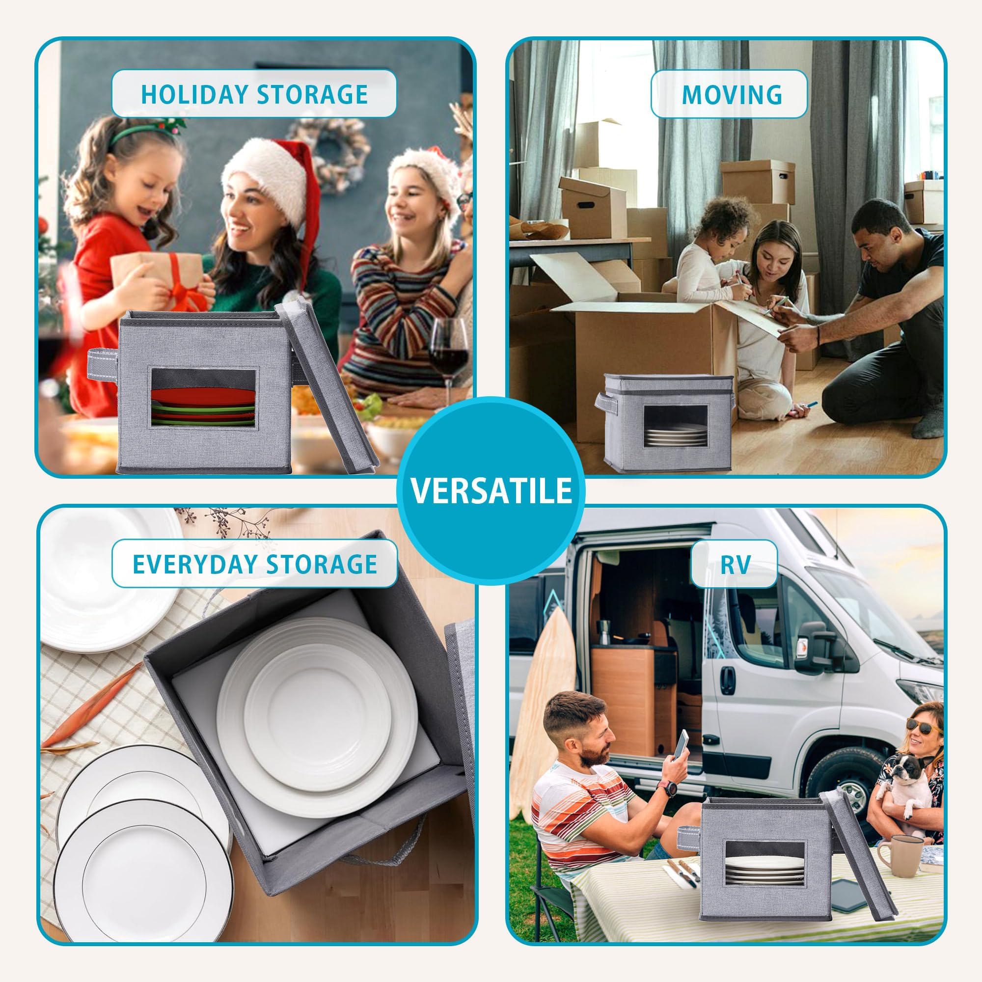 VENO 4-Size Dish Storage Containers - Hard Shell Plate Organizer for Moving & Packing (48 Plates) - Perfect for Kitchen & Holiday Storage