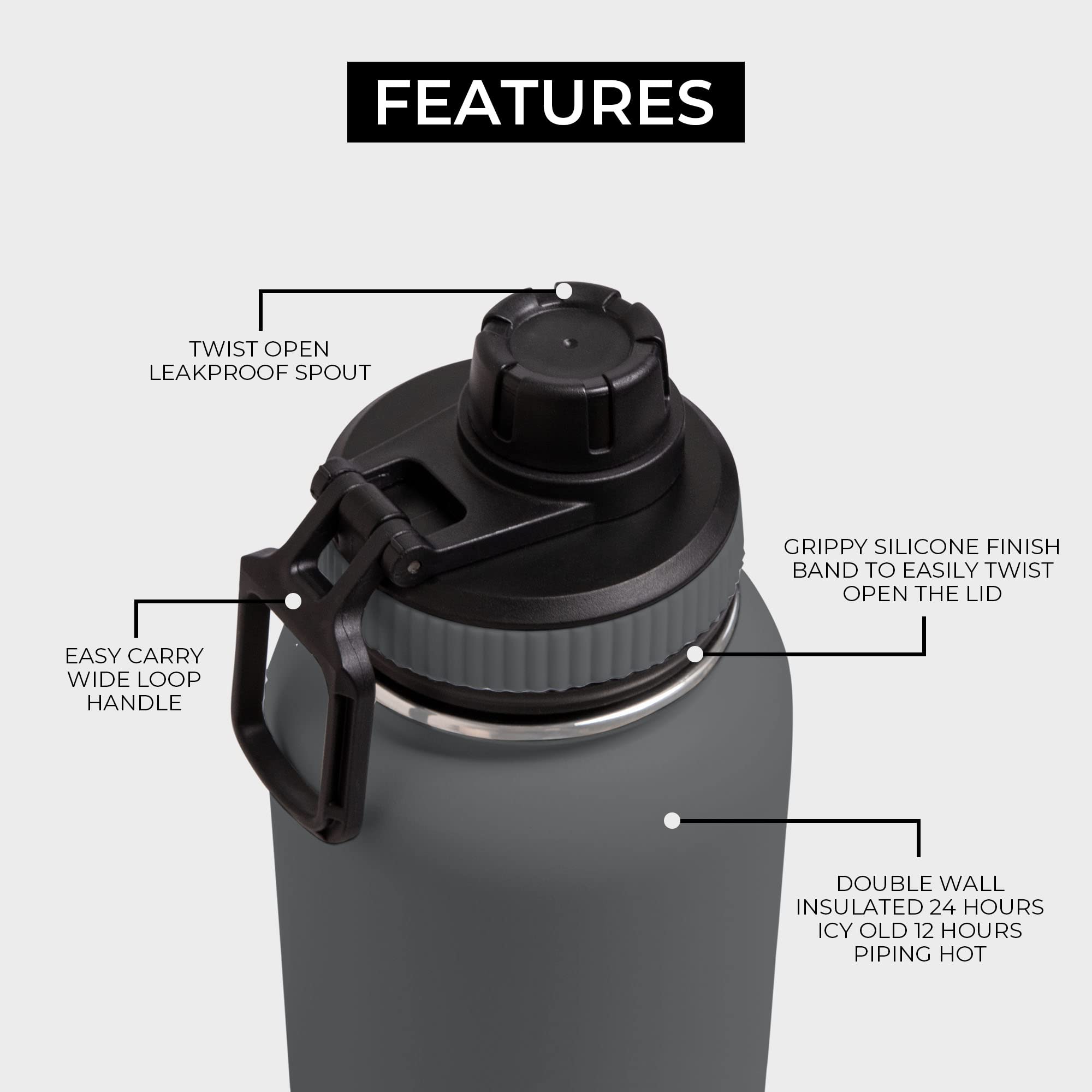 BOZ 32oz Stainless Steel Water Bottle - Wide Mouth, BPA Free, Double Wall Vacuum Insulated for Hot & Cold Drinks - Perfect for Gym, Hiking, Camping & Outdoor Activities (Grey)