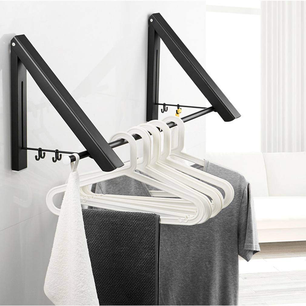 Wall Mounted Folding Clothes Hanger - Retractable Laundry Drying Rack for Indoor & Outdoor Use - Space Saving Aluminum Garment Organizer for Laundry Room, Garage, Balcony & Small Spaces (Black, Single)