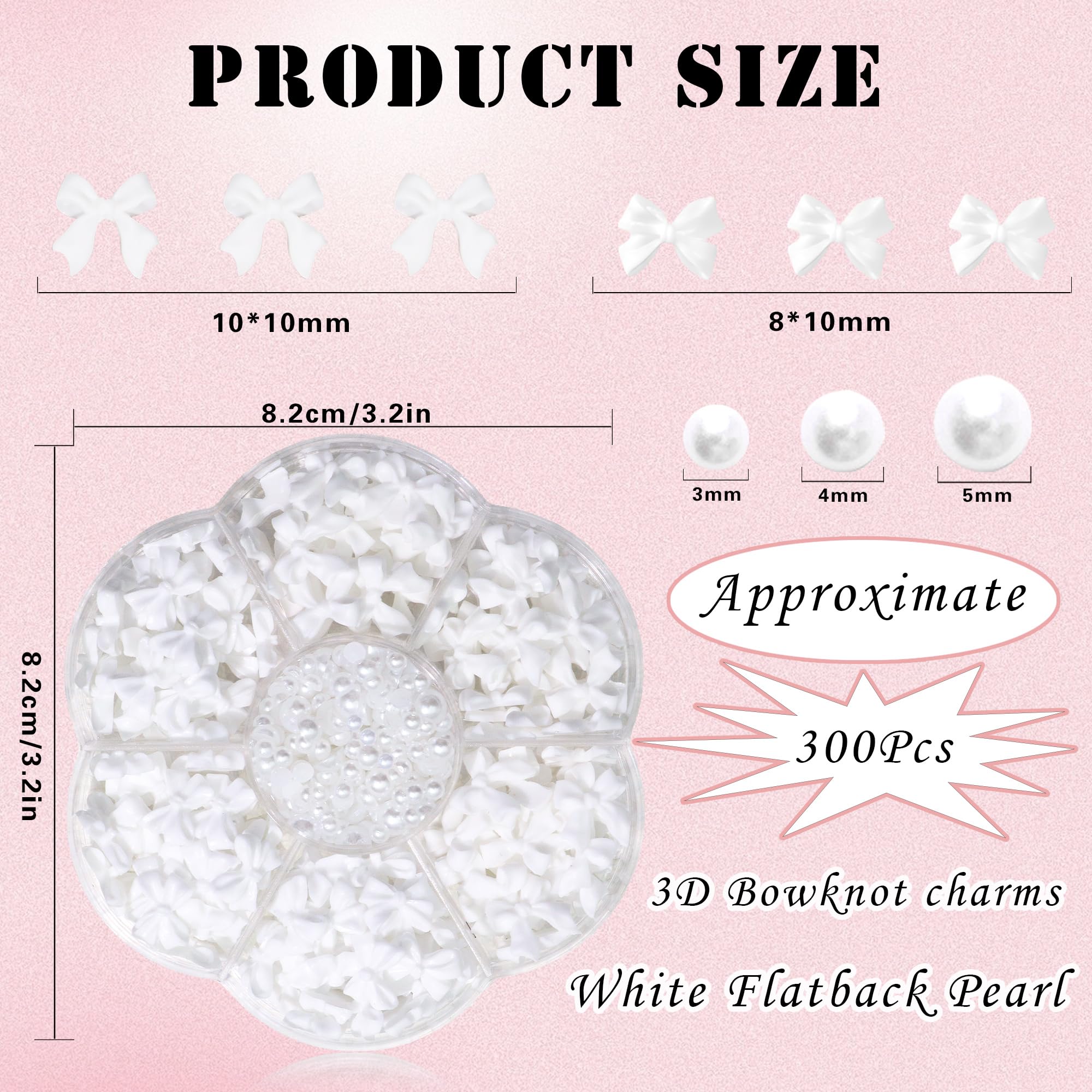 300Pcs White Bowknot & Flatback Pearl Nail Charms Set - 3-5mm 3D Cute Nail Decorations for Acrylic Nails, DIY Nail Art Jewelry & Crafts - Perfect for Bridal, Party, Salon and Home Manicure Designs