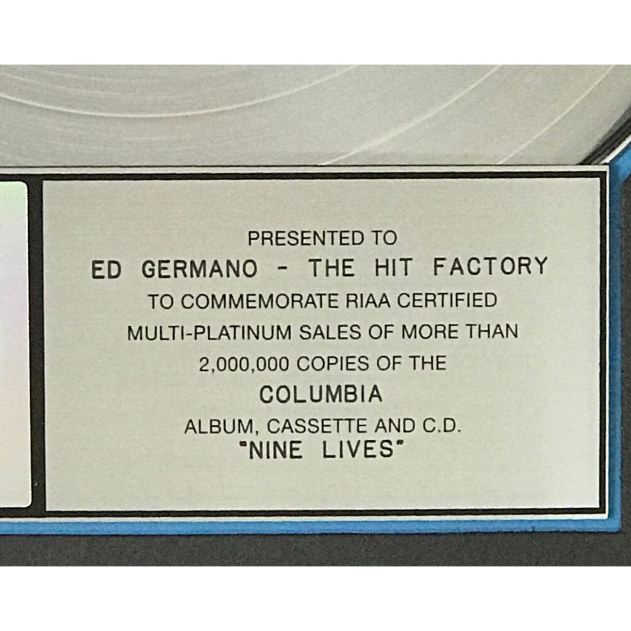 Aerosmith Nine Lives 2x Multi-Platinum Album Award - Certified RIAA Record - Perfect for Music Collectors & Rock Memorabilia Displays