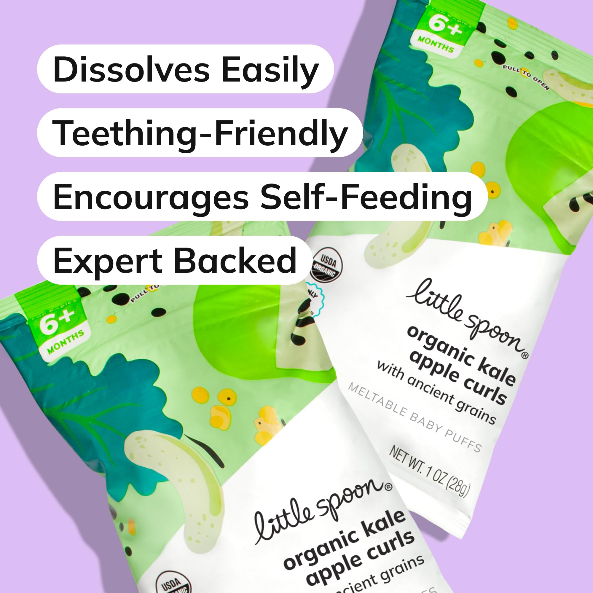 Organic Kale Apple Baby Puffs - Little Spoon Meltable Snacks with Corn, Quinoa & Sorghum (No Rice, No Added Sugar) - 1 Oz Bags (4 Pack) - Encourages Self-Feeding - Perfect for On-the-Go Snacking & Baby-Led Weaning