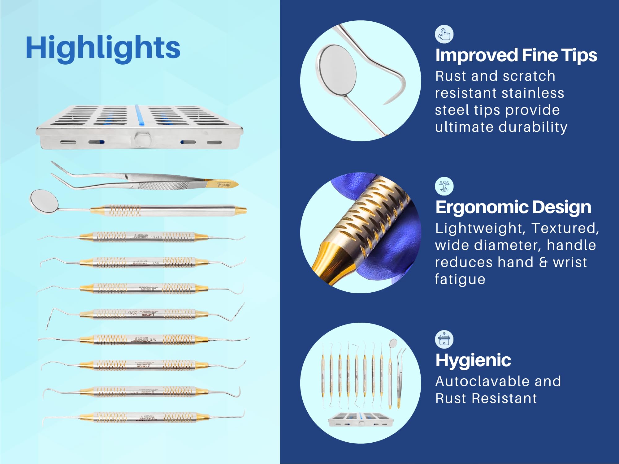 ARTMAN INSTRUMENTS Professional Dental Hygienist Tool Kit (10-Piece Set) - Stainless Steel Mirror, Probe, Tweezer, Scalers & Curettes - Teeth Cleaning Tools for Dentists, Hygienists & Home Use - Autoclavable with Sterilization Cassette - Perfect for Dental Clinics, Schools & Personal Oral Care