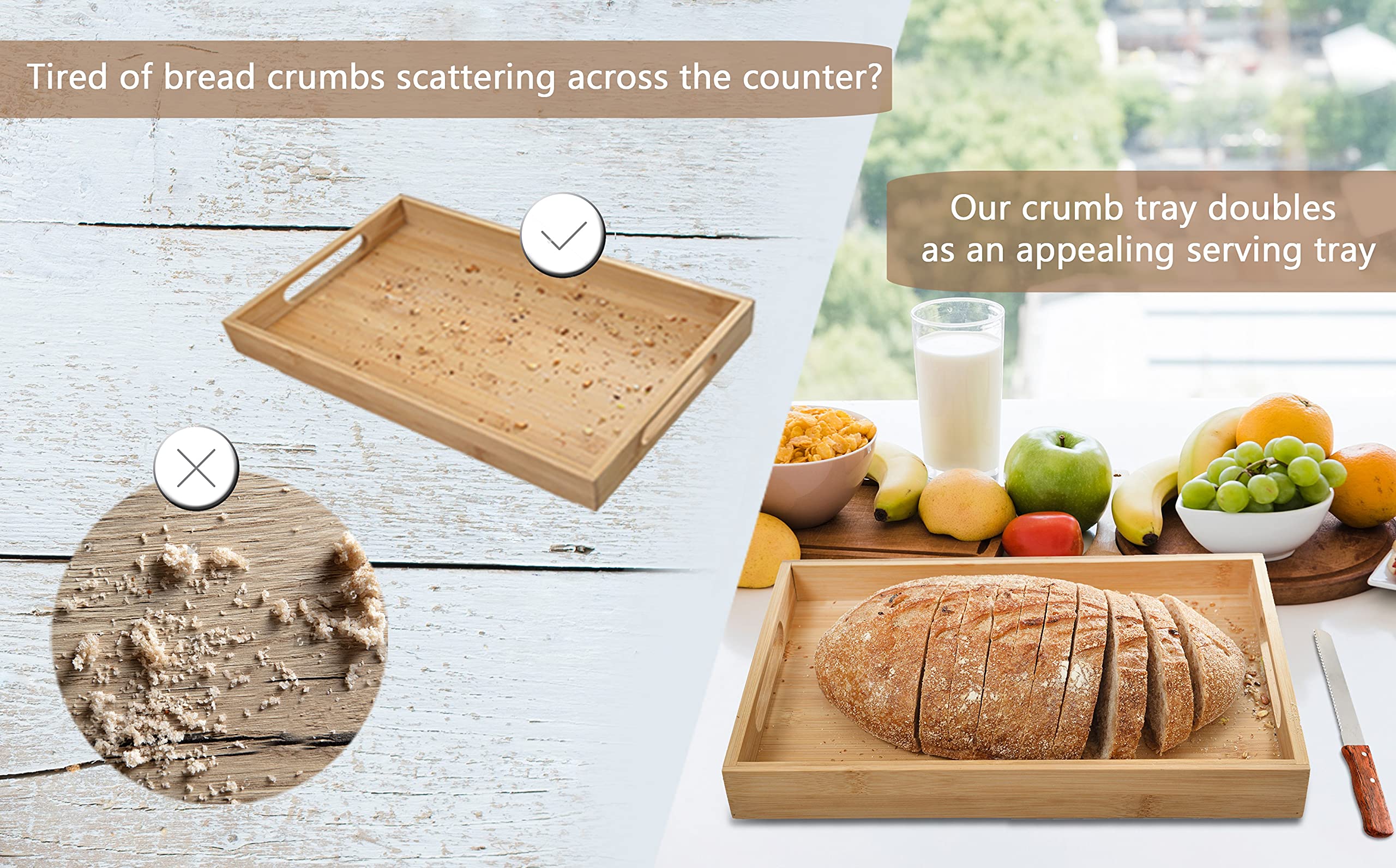 Premium Bamboo Bread Slicer with Crumb Tray - Adjustable 3-Size Bread Cutter for Homemade Bread, Loaf Cakes & Bagels - Compact Foldable Design for Easy Storage - Perfect for Kitchens, Bakeries & Breakfast Prep