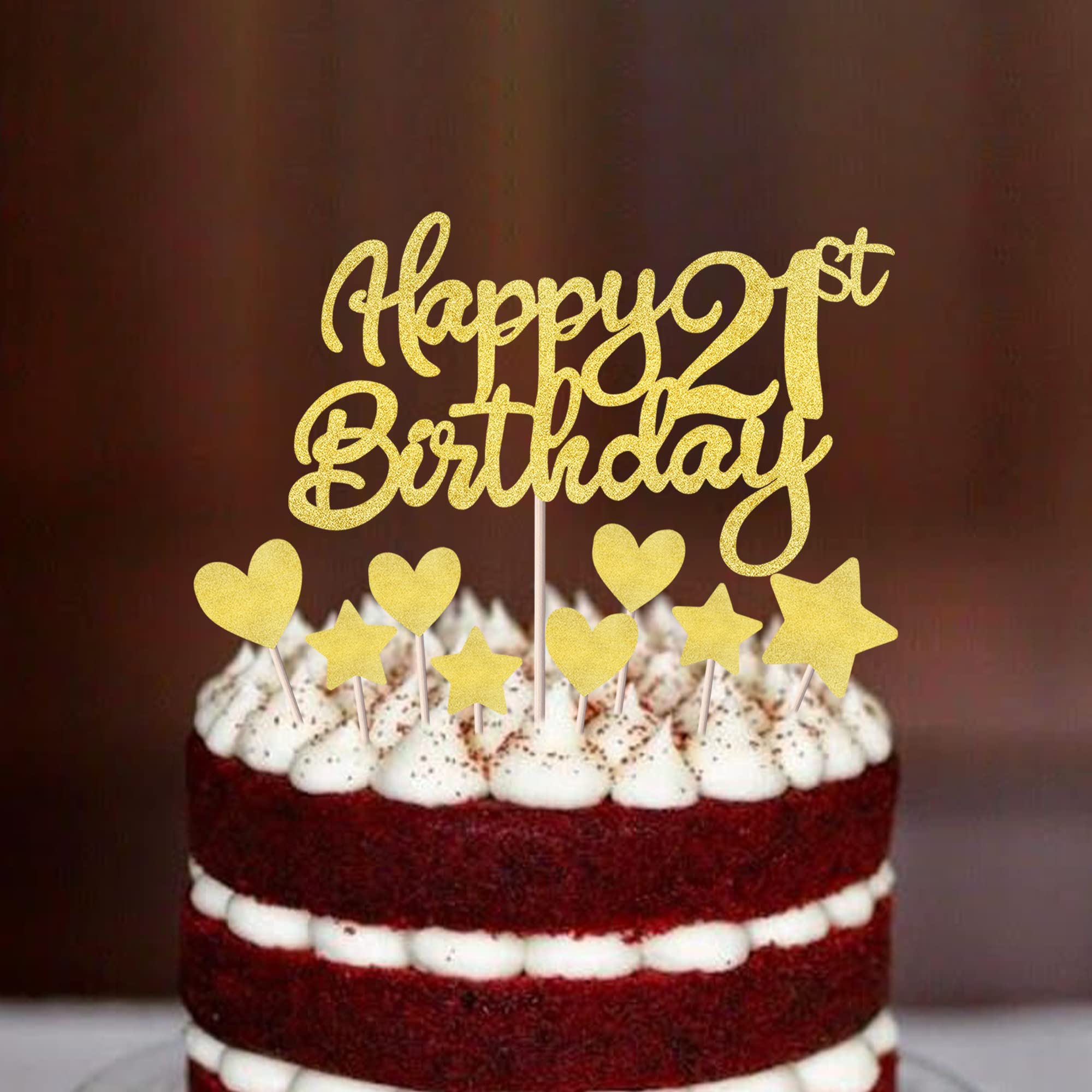 Rsstarxi 9 Pack Happy 21st Birthday Cake Toppers Set - Glitter Heart & Star Cupcake Toppers, Cheers to 21 Years Cake Picks Decorations for 21st Birthday Party | Perfect for Anniversary Celebrations, Milestone Parties & Festive Gatherings