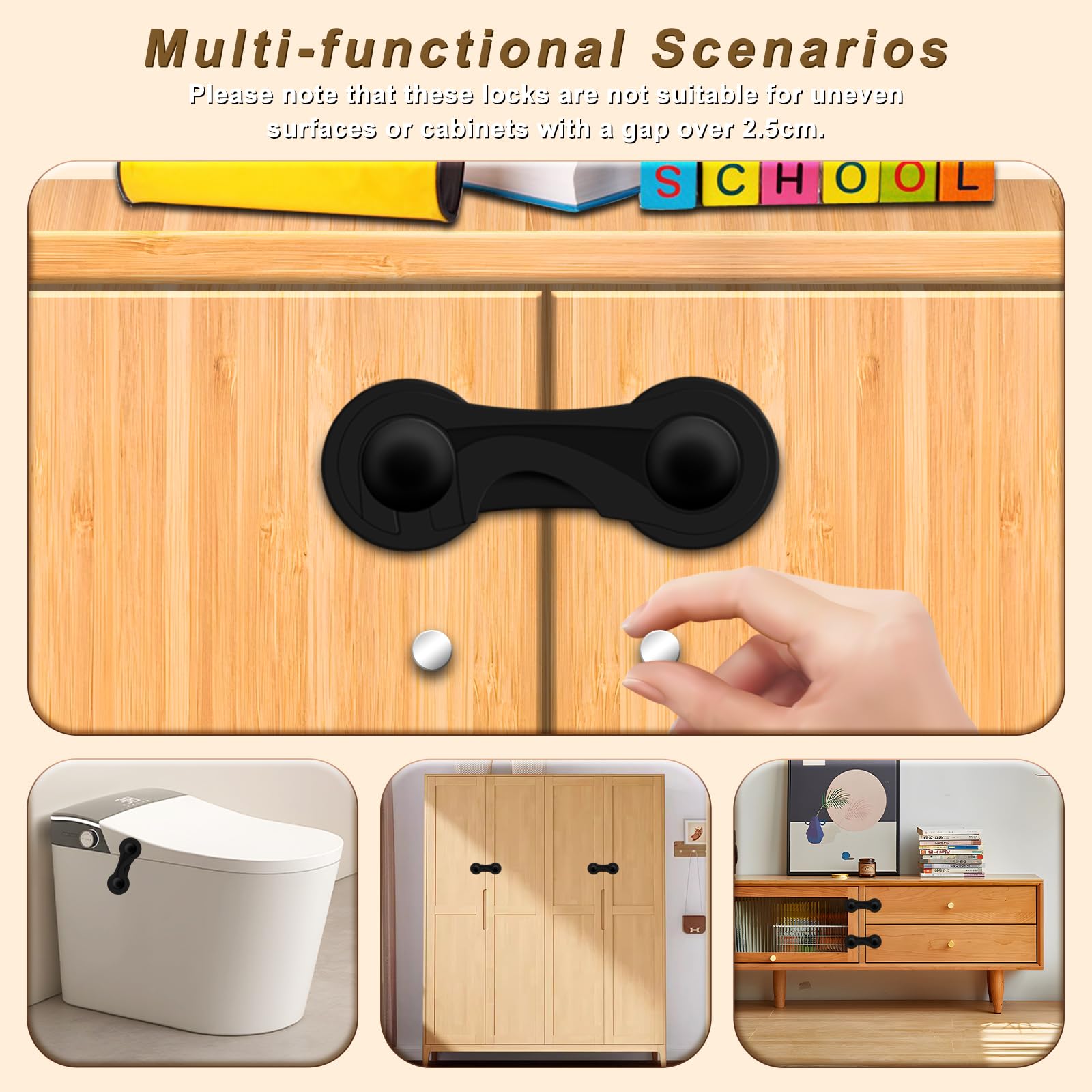 10-Pack Child Safety Cabinet Locks - No Drill Baby Proofing Locks with 3M Adhesive for Drawers, Fridge, Oven & Toilet Seat - Easy Installation Black (Perfect for Childproofing Kitchens, Bathrooms & Home Appliances)
