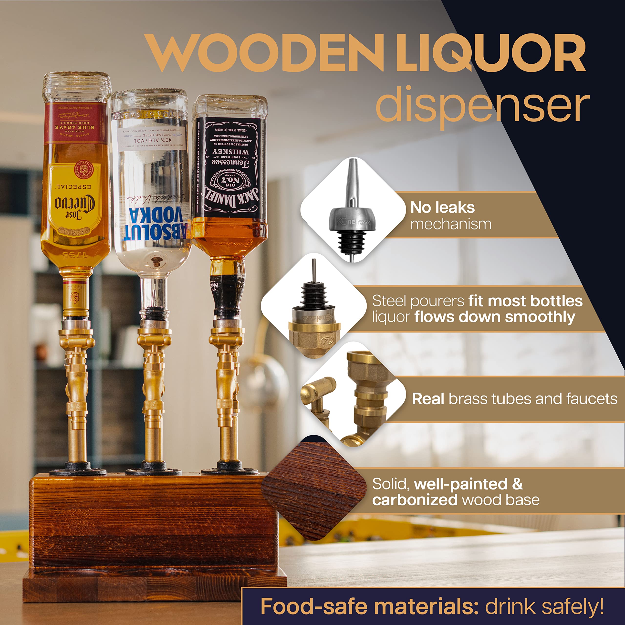 Premium Wooden Liquor Dispenser with Solid Base & Real Brass Spout - Leakproof & Smooth Pouring for Home Bars - Perfect Alcohol Gift for Men (Father's Day, Housewarming, Anniversary) - Ideal for Whiskey, Vodka & Cocktail Serving