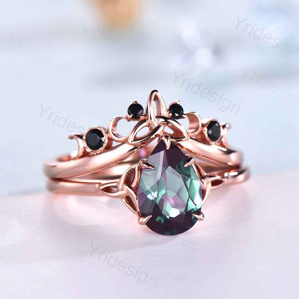 Celtic Knot Norse Viking Alexandrite Engagement Ring Set - Unique Pear Alexandrite Wedding Ring with Curved Black Spinel Matching Band Bridal Jewelry | Perfect for Celtic Weddings, Viking-Themed Proposals & Anniversary Gifts