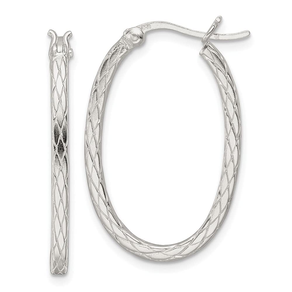 Sterling Silver Diamond Pattern Oval Hoop Earrings for Women - 1.12 Inch Length, 0.74 Inch Width - Elegant Dangle Earrings for Party, Wedding & Everyday Wear